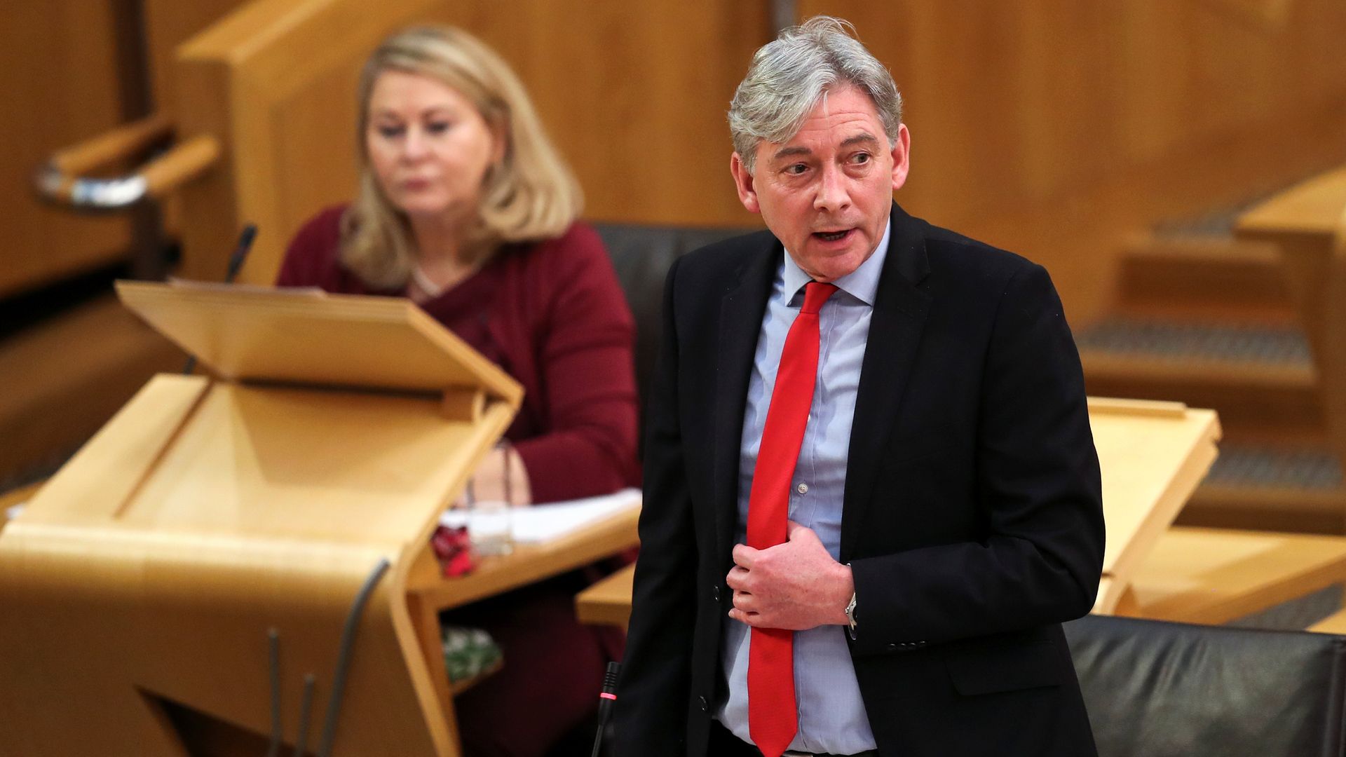Richard Leonard, leader of the Scottish Labour Party speaks as she attends a statement from Scottish First Minister Nicola Sturgeon on the coronavirus disease (COVID-19) restrictions, at the Scottish Parliament in Edinburgh