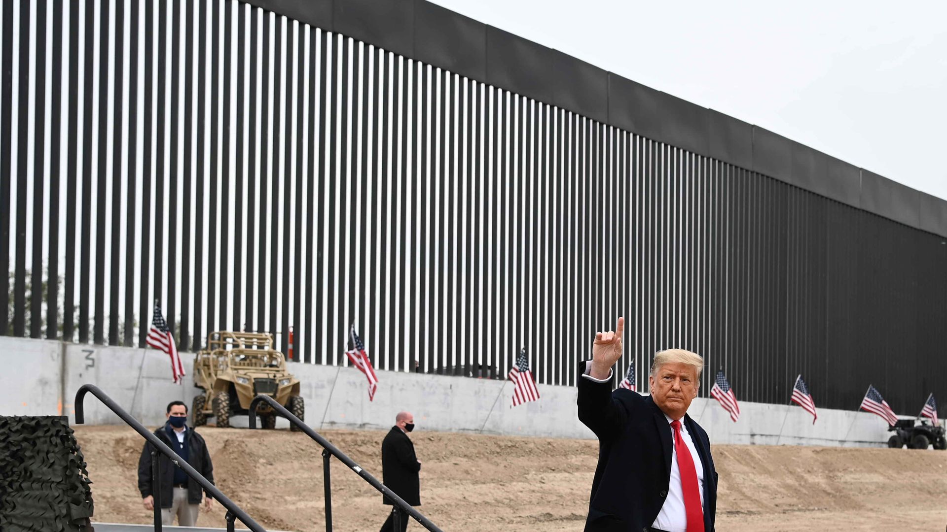 Donald Trump tours a section of the border wall in Alamo, Texas, in the final days of his presidency - Credit: AFP via Getty Images