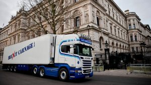 A truck drives past Downing Street with a message that reads "Brexit carnage!" in a protest action by Scottish fishermen against post-Brexit red tape and coronavirus restrictions, which they say could threaten the future of the industry. Photo: AFP via Getty Images