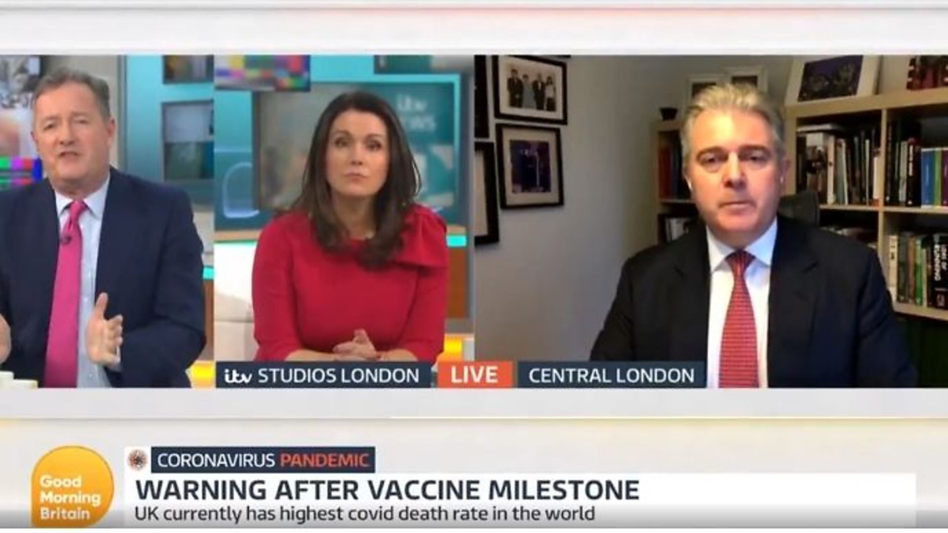 Piers Morgan (L), Susanna Reid (M) and Northern Ireland secretary Brandon Lewis on Good Morning Britain - Credit: Twitter