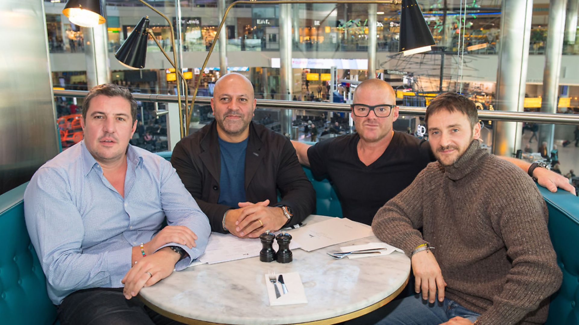 (Left to right) Chefs Claude Bosi, Sat Bains, Heston Blumenthal and Jason Atherton at the Perfectionists' Cafe, at Heathrow Airport. Photograph: Dominic Lipinski/PA. - Credit: PA Archive/PA Images
