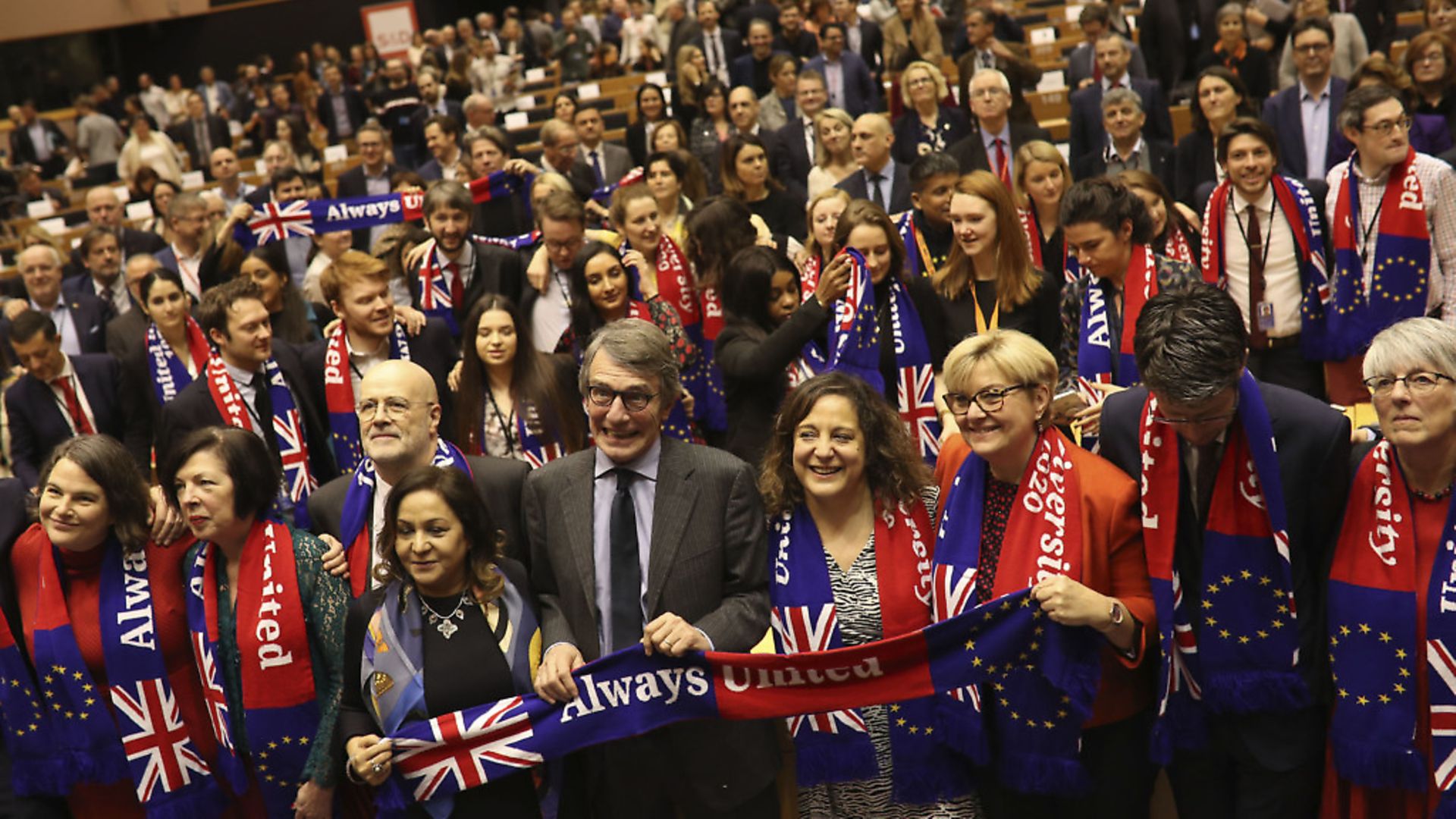 European Parliament President David Sassoli, center, stands with other MEPs ahead of Brexit day. (AP Photo/Francisco Seco) - Credit: AP