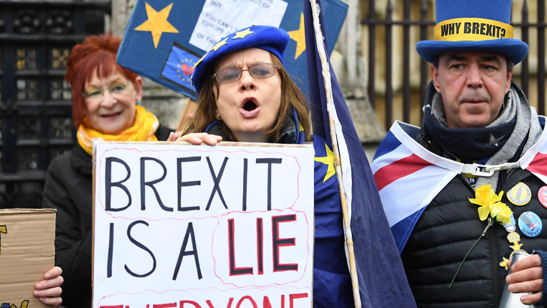 Pro-EU campaigners outside the Houses of Parliament ahead of Brexit day. Photograph: Dominic Lipinski/PA. - Credit: PA Wire/PA Images