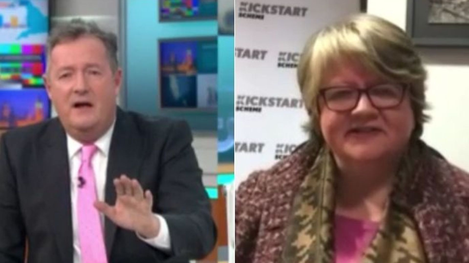 Good Morning Britain presenter Piers Morgan challenges Thérèse Coffey - Credit: ITV