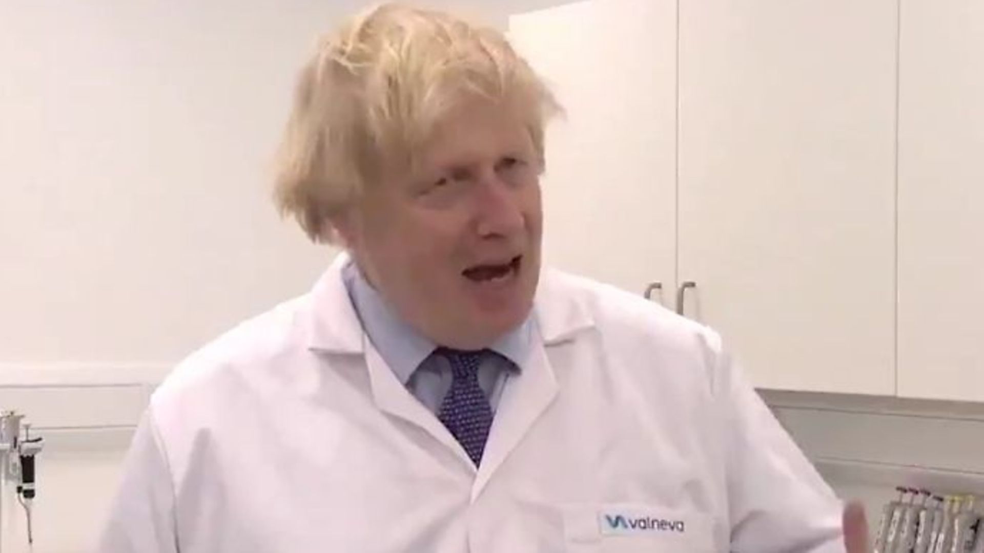 Boris Johnson touring a vaccine facility in Scotland - Credit: Twitter, Sky News