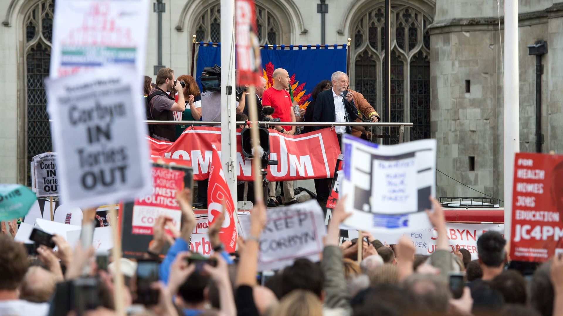 Jeremy Corbyn speaks in Parliament Square, where the Momentum campaign group held a "Keep Corbyn" demonstration. - Credit: PA