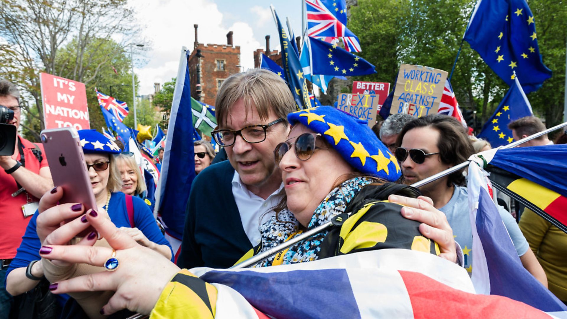 Guy Verhofstadt, European Parliament's chief Brexit negotiator, poses for a selfie as he joins a group of pro-EU supporters protesting against Brexit. (Wiktor Szymanowicz / Barcroft Media via Getty Images) - Credit: Barcroft Media via Getty Images