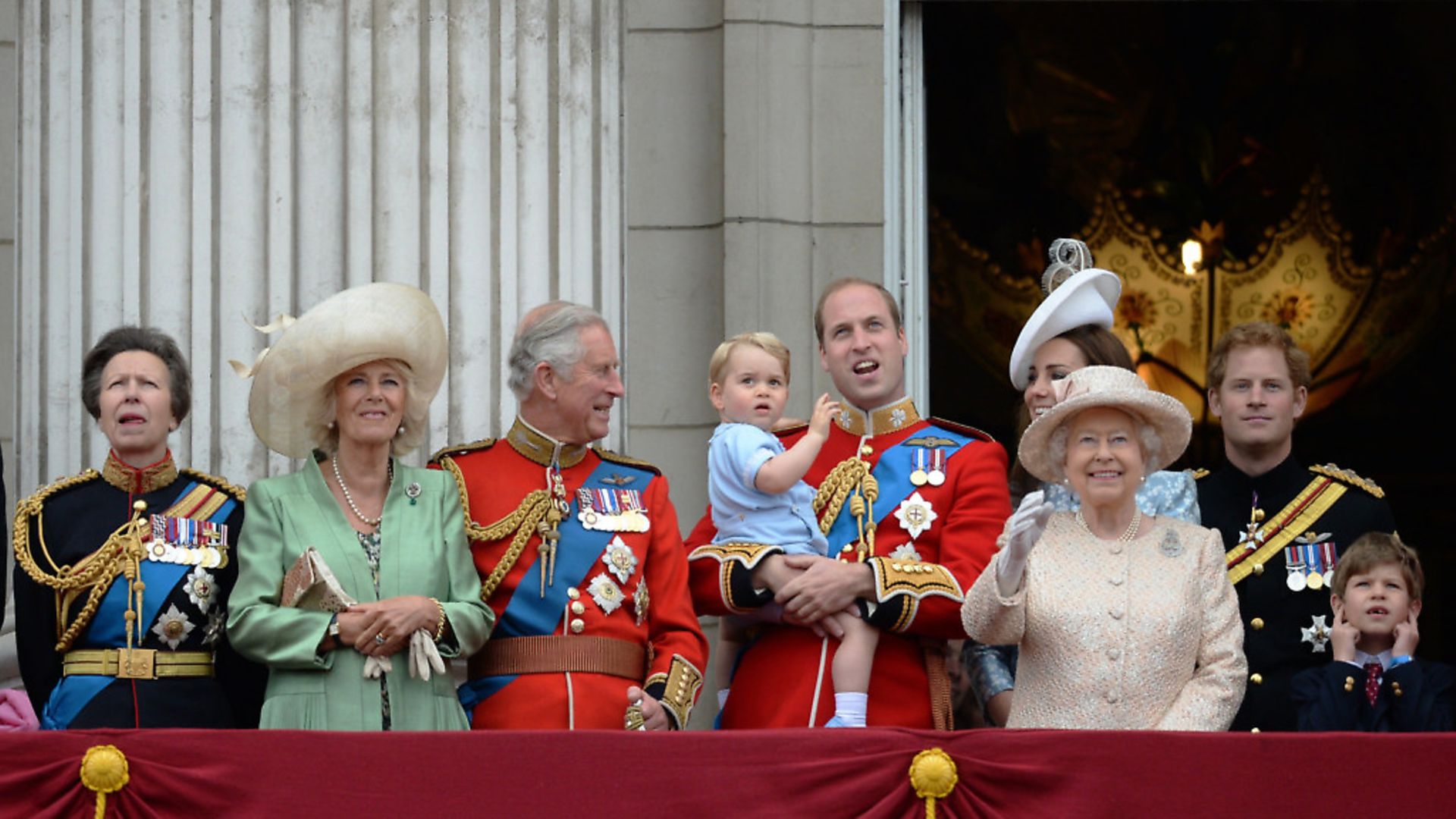 Princess Anne, the Princess Royal, Camilla, Duchess of Cornwall, Prince Charles, Prince of Wales, Prince George, Prince William, Duke of Cambridge, Catherine, Duchess of Cambridge, Queen Elizabeth ll, Prince Harry and James, Viscount Severn look out from the balcony of Buckingham Palace. Photo: WireImage.