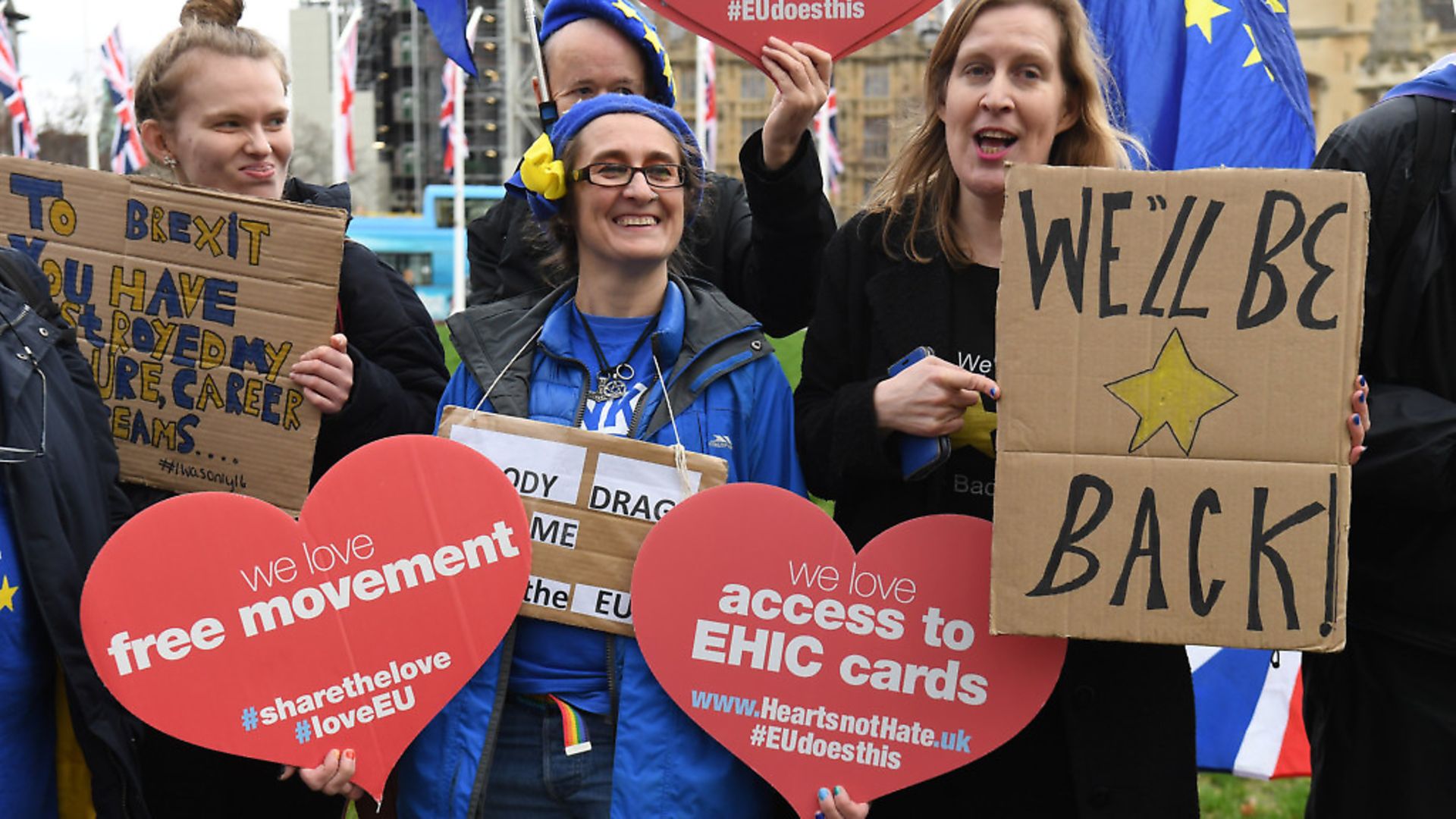 Anti-Brexit demonstrators in Parliament Square ahead of the UK's departure from the EU. Photograph: Kirsty O'Connor/PA. - Credit: PA