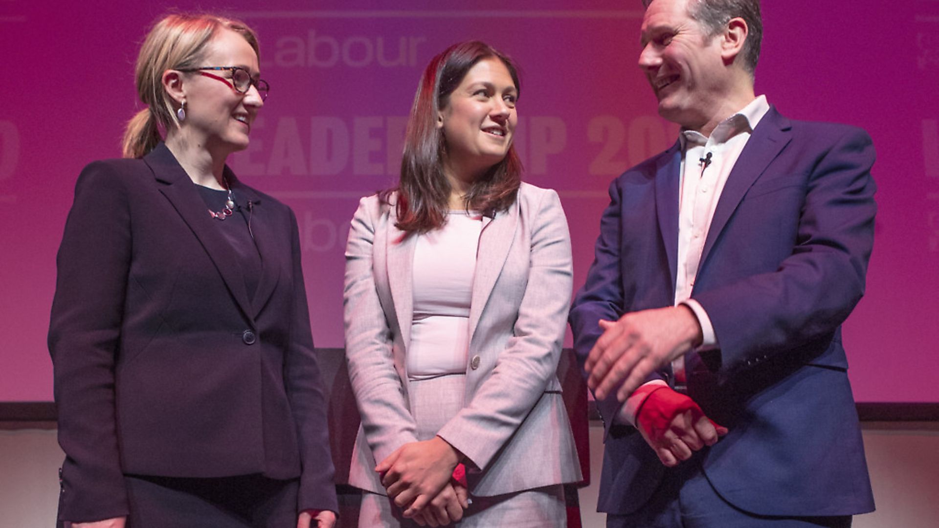 (left to right) Labour leadership candidates Rebecca Long-Bailey, Lisa Nandy and Sir Keir Starmer after the Labour leadership hustings at the SEC centre, Glasgow. Photograph: Jane Barlow/PA. - Credit: PA