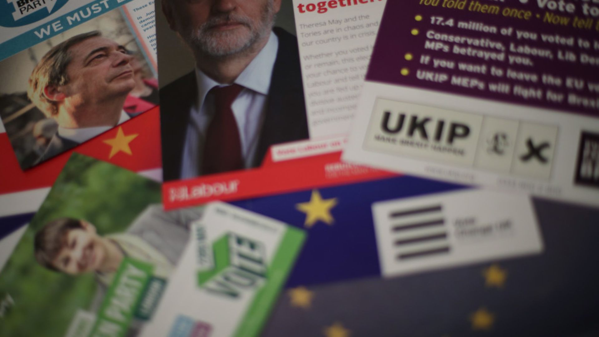 Election campaign literature from the Brexit Party, Labour, the Green Party, Change UK and UKIP for the European Parliament elections - Credit: PA Wire/PA Images