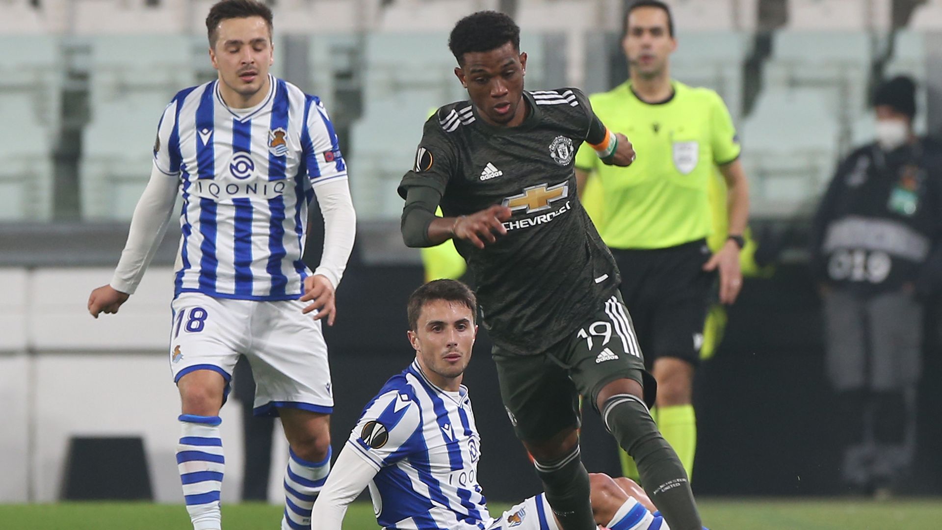 Amad Diallo, of Manchester United, evades two Real Sociedad players during the sides' recent Europa League clash. The English team won 4-0 - Credit: Manchester United via Getty Imag