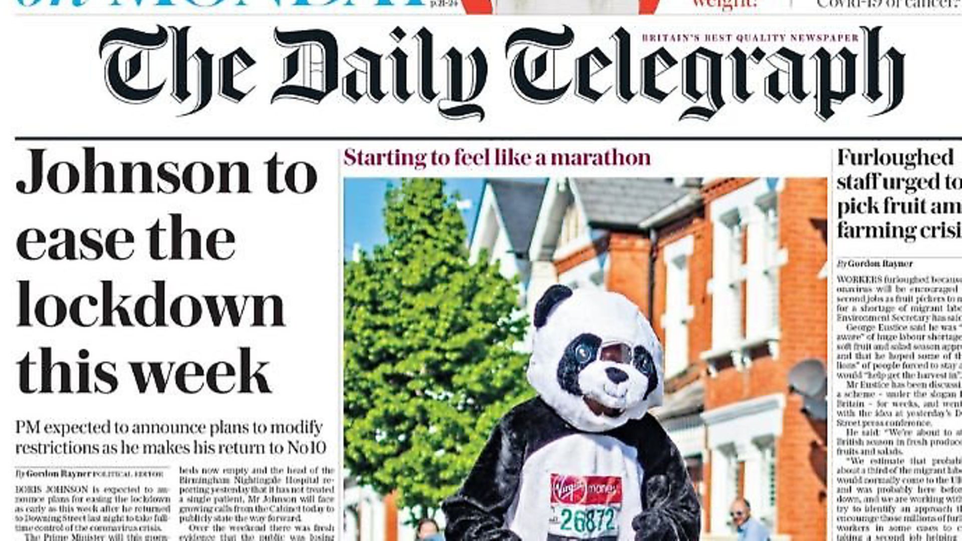 The front page of the Telegraph as Boris Johnson plans his return to Downing Street during the coronavirus outbreak. Photograph; Twitter. - Credit: Archant