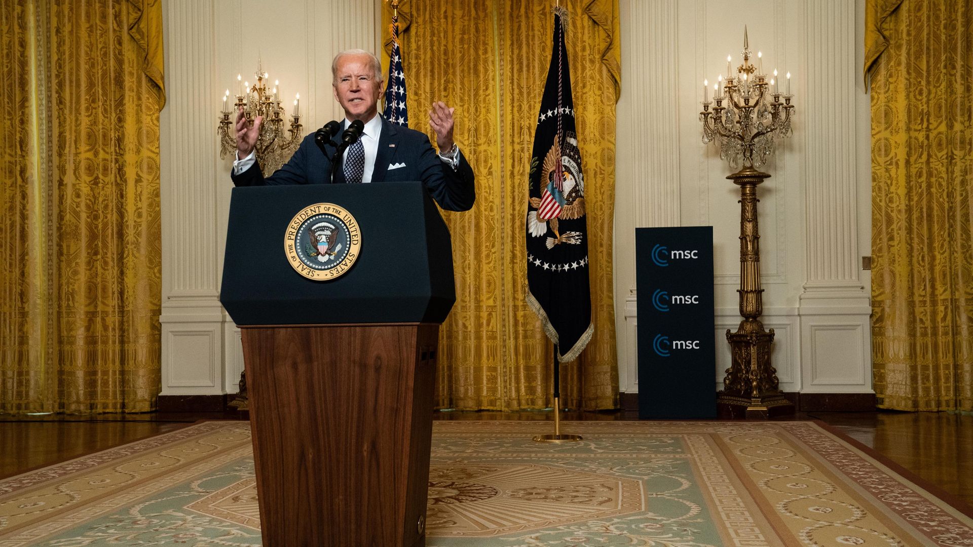 SPEAKING UP: Joe Biden speaks to the Munich Security Conference from the White House - Credit: Getty Images