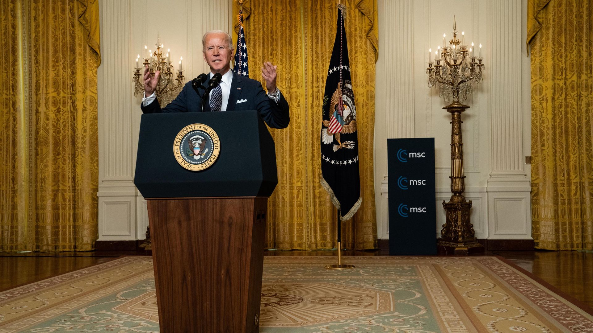 SPEAKING UP: Joe Biden speaks to the Munich Security Conference from the White House - Credit: Getty Images
