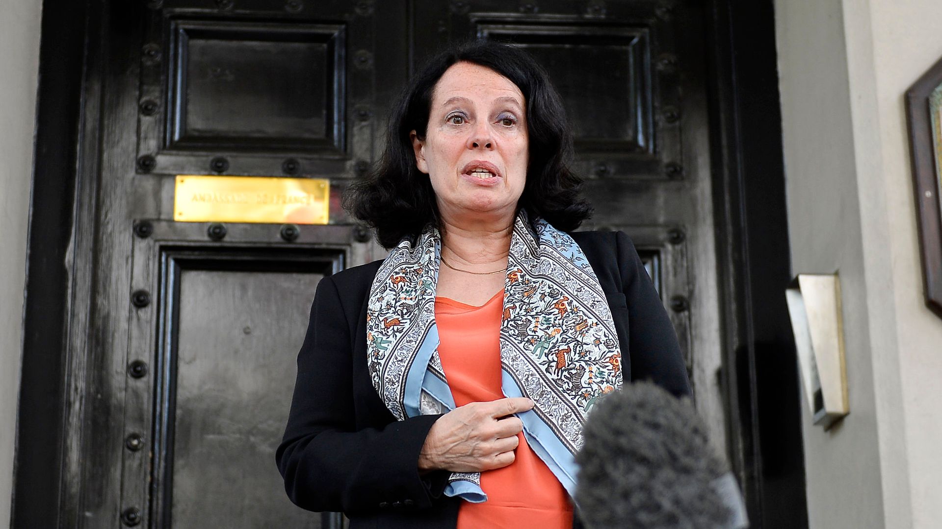 Sylvie Bermann, France's former ambassador to the UK, speaks to the media outside the French Embassy in London - Credit: PA