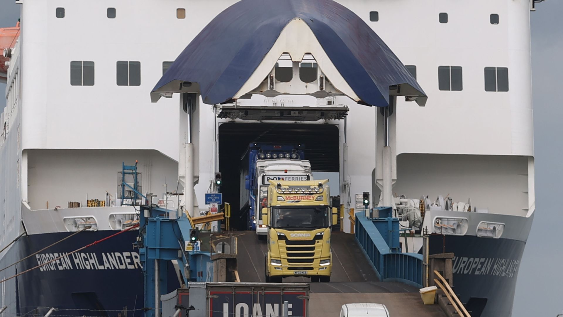Lorries driving off the European Highlander P&O ferry at the Port of Larne, Northern Ireland - Credit: PA