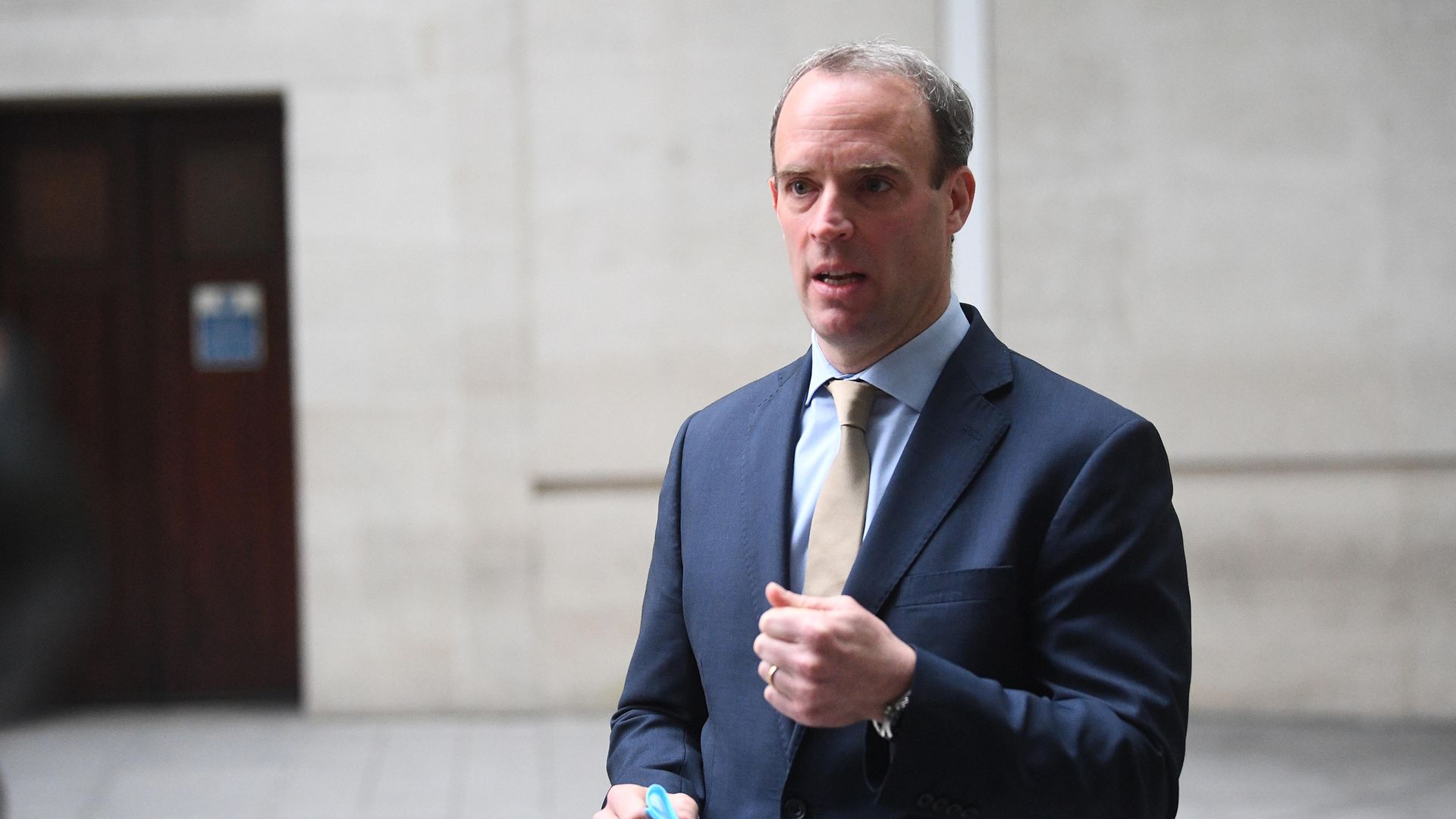 Foreign secretary Dominic Raab speaks to the media outside BBC Broadcasting House in central London - Credit: PA