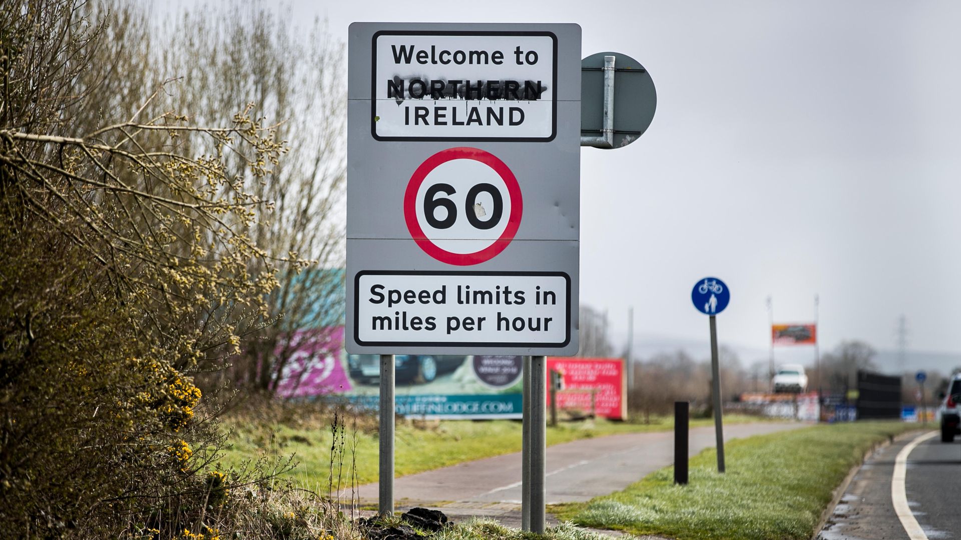A UK road sign close to the border between the Republic of Ireland and Northern Ireland on the Buncrana Road outside Londonderry - Credit: PA