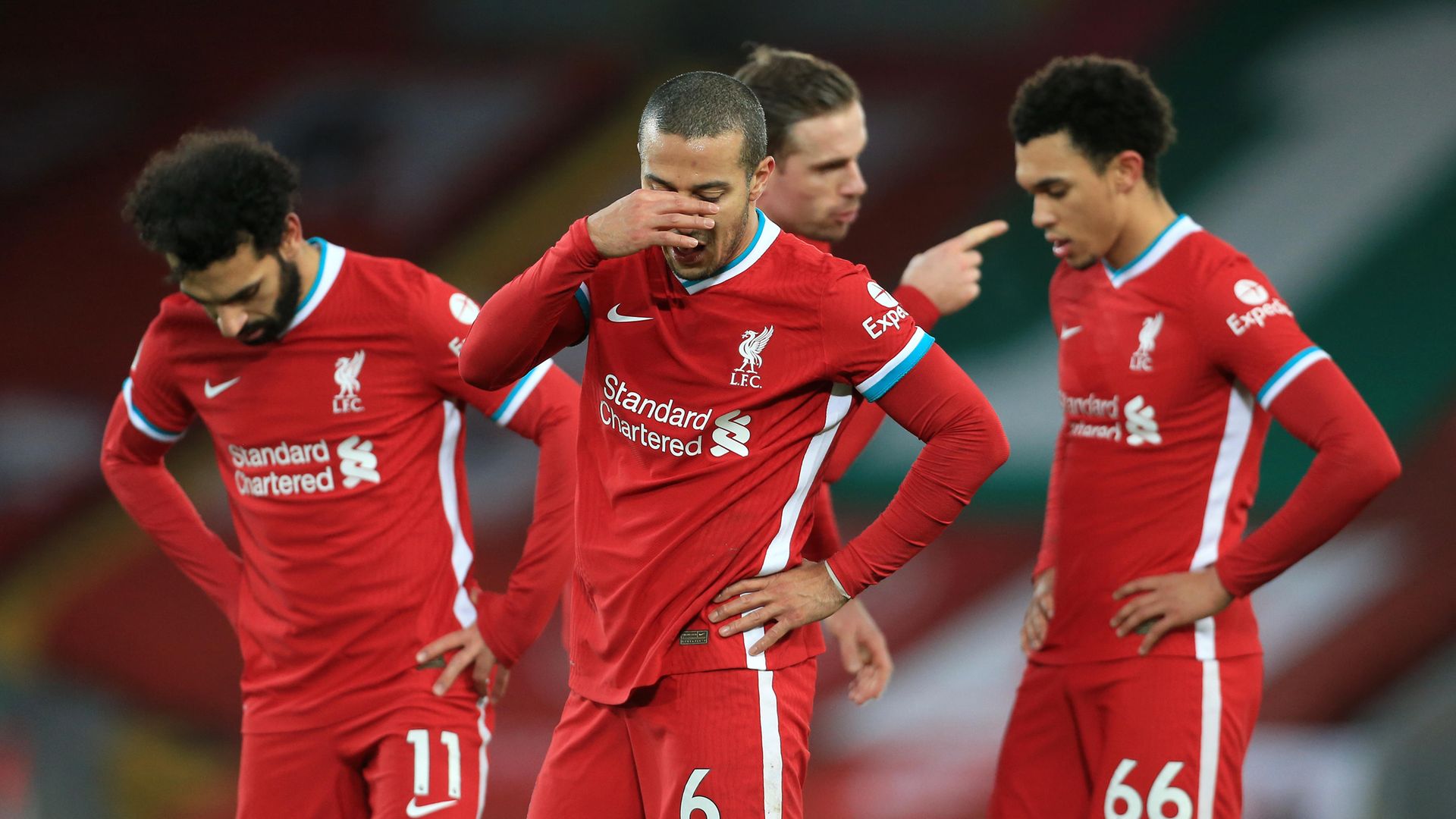 Thiago Alcantara of Liverpool looks dejected during their 4--1 Premier League home defeat by Manchester City at Anfield on February 7, 2021 - Credit: Photo by Simon Stacpoole/Offside/Offside via Getty Images