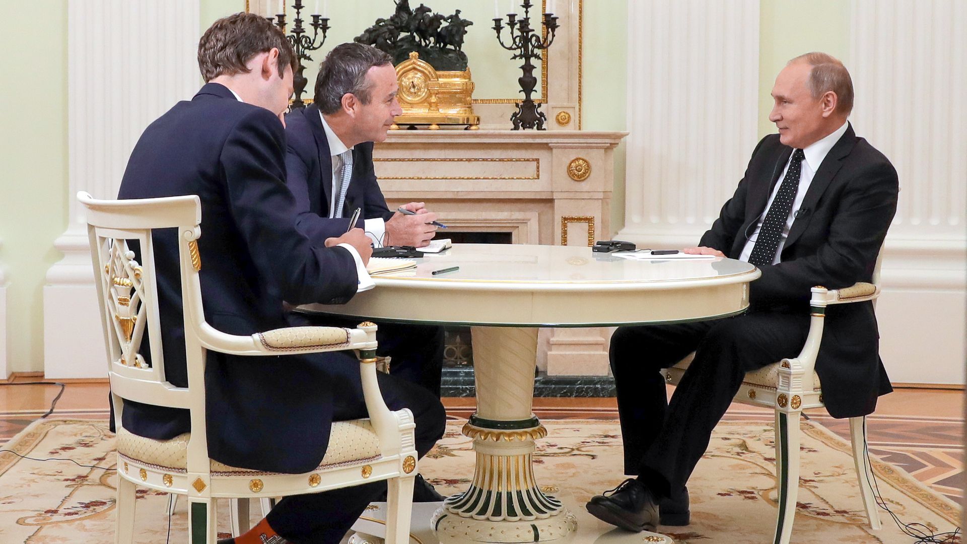 Lionel Barber, centre, and Henry Foy, left, interview Vladimir Putin in Moscow in June 2019 - Credit: Mikhail Klimentyev/TASS