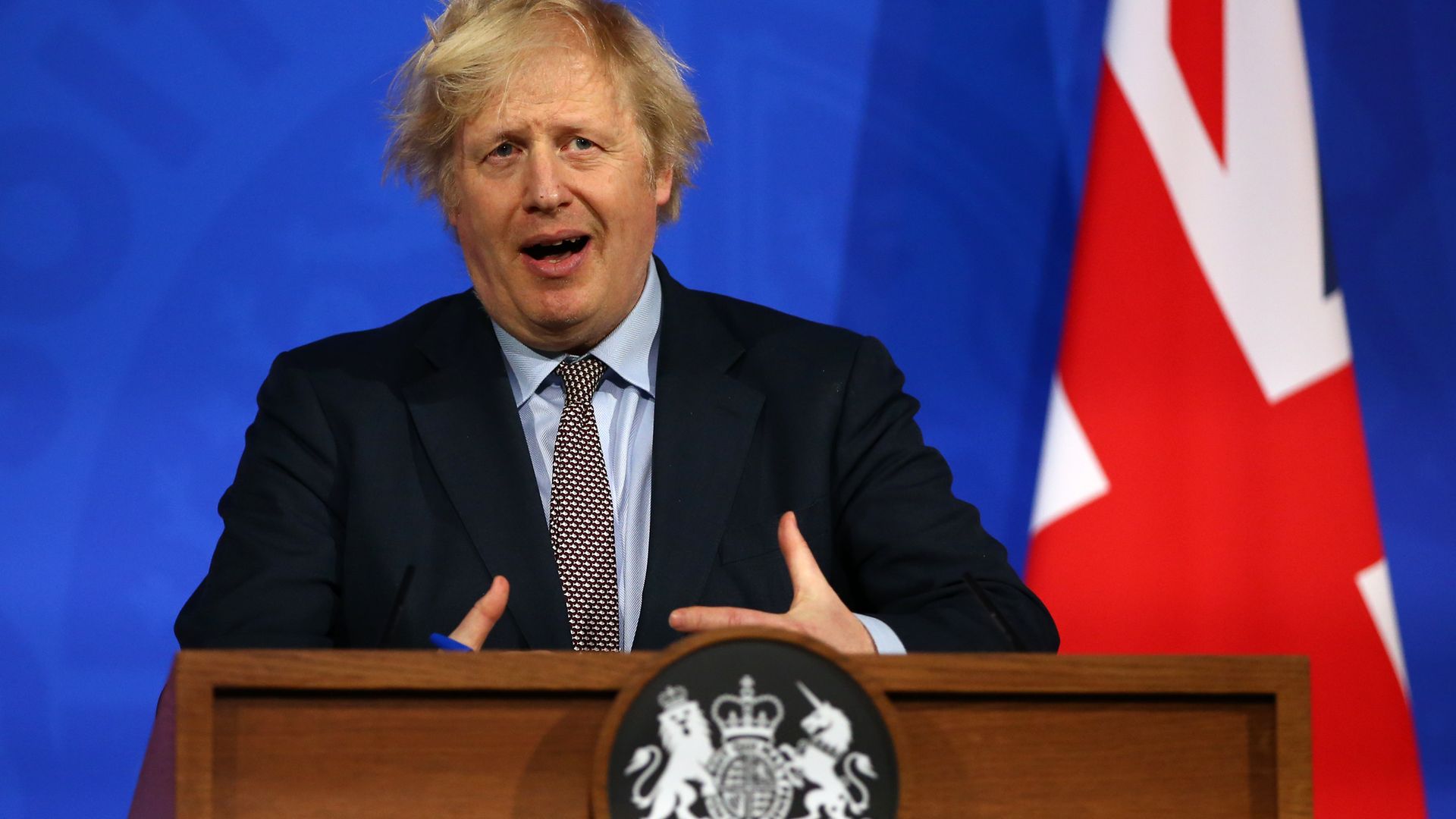 Prime minister Boris Johnson during a media briefing on coronavirus (Covid-19) from Downing Street's new White-House style media briefing room in Westminster, London - Credit: PA