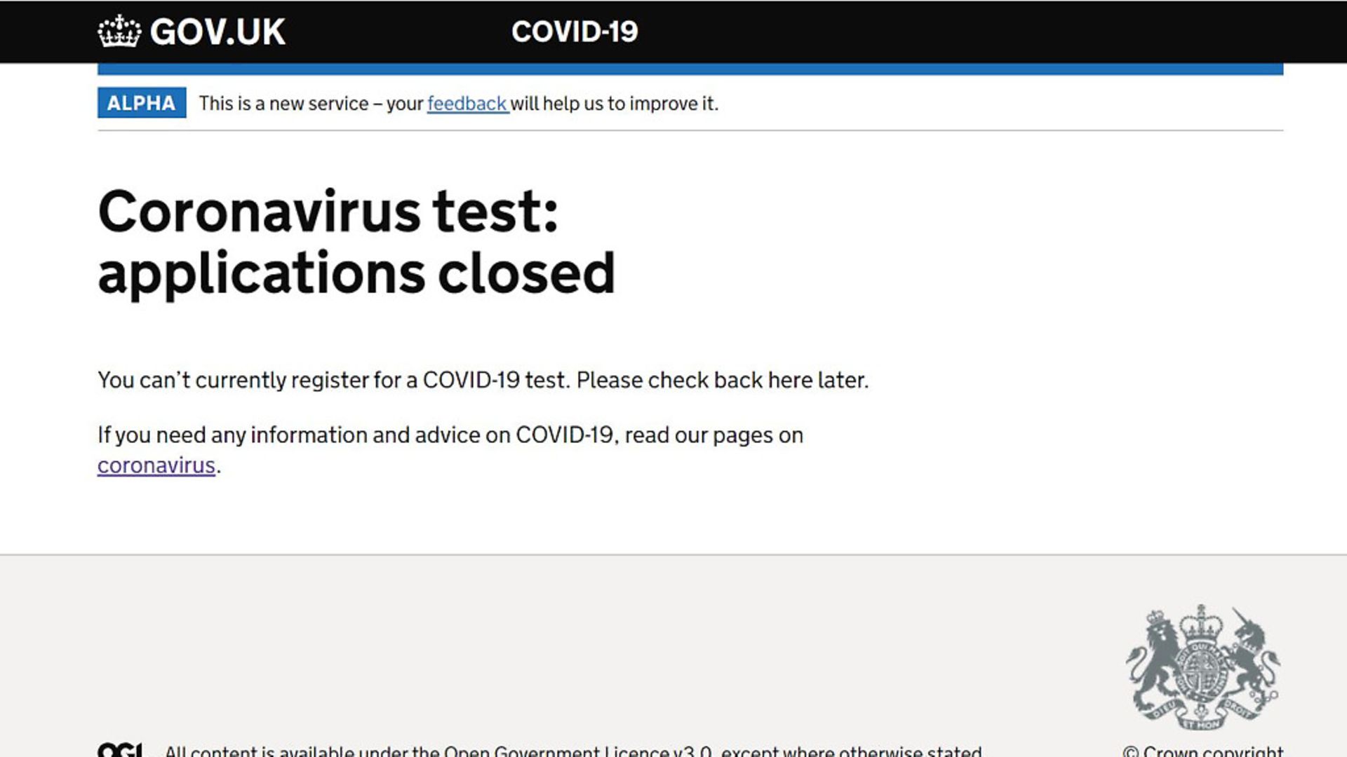 The gov.uk website set up for key workers to book coronavirus tests which was not accepting new applications by mid-morning on Friday. Photograph: PA Wire. - Credit: PA