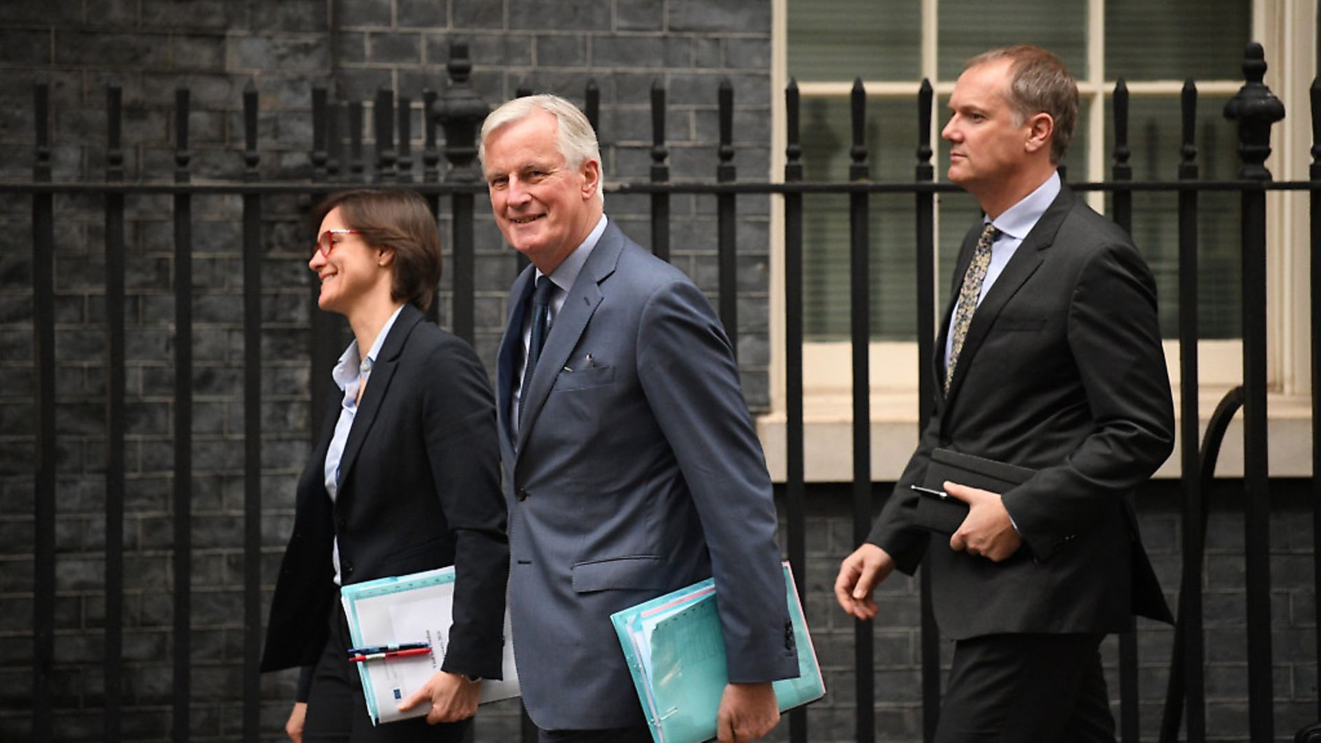 EU Chief Brexit Negotiator, Michel Barnier (centre) in Downing Street ahead of a meeting with Boris Johnson. Photograph: Stefan Rousseau/PA. - Credit: PA