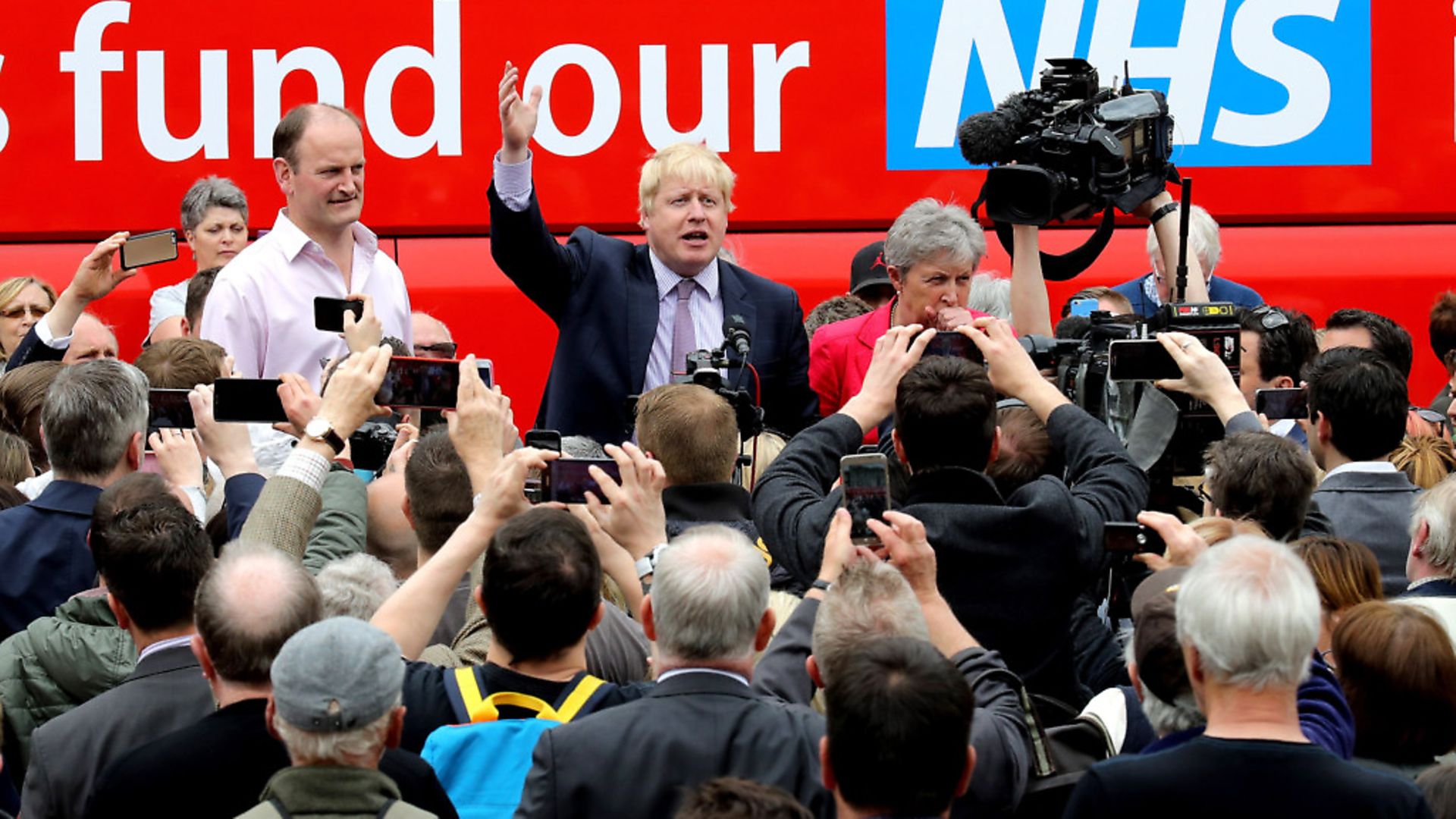 Boris Johnson MP, Labour MP Gisela Stuart and UKIP MP Douglas Carswell address the people of Stafford in Market Square during the Vote Leave, Brexit Battle Bus tour on May 17, 20016 in Stafford, England. Boris Johnson and the Vote Leave campaign are touring the UK in their Brexit Battle Bus. The campaign is hoping to persuade voters to back leaving the European Union in the Referendum on the 23rd June 2016.  (Photo by Christopher Furlong/Getty Images) - Credit: Getty Images