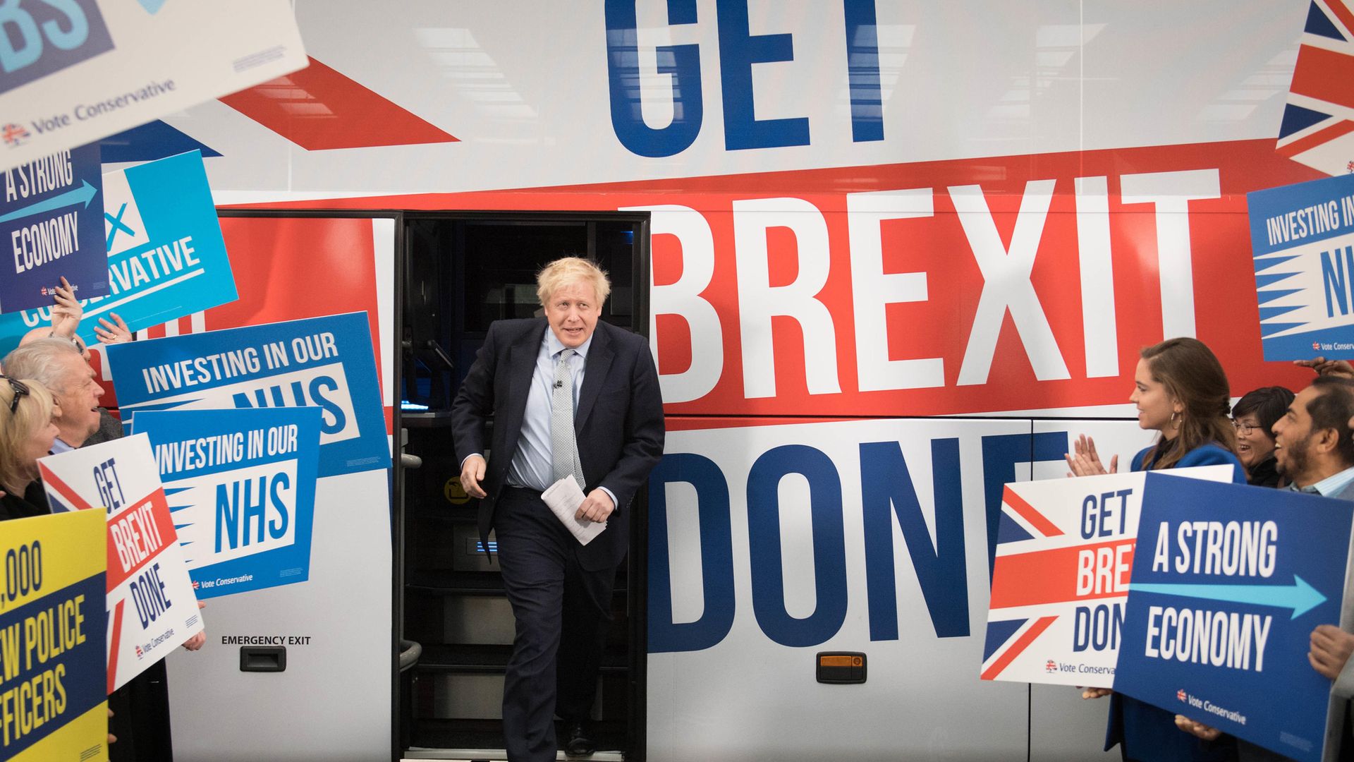 Prime minister Boris Johnson at the unveiling of the Conservative Party battlebus in Middleton, Greater Manchester. - Credit: PA