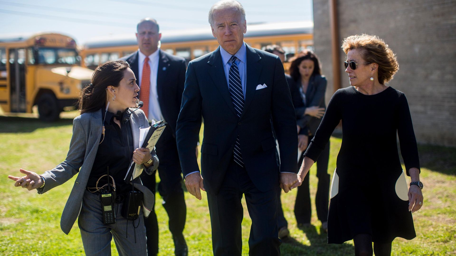 Joe Biden with his sister, Valerie Biden Owens, briefed by his staffer Liz Hart - Credit: The Washington Post via Getty Images