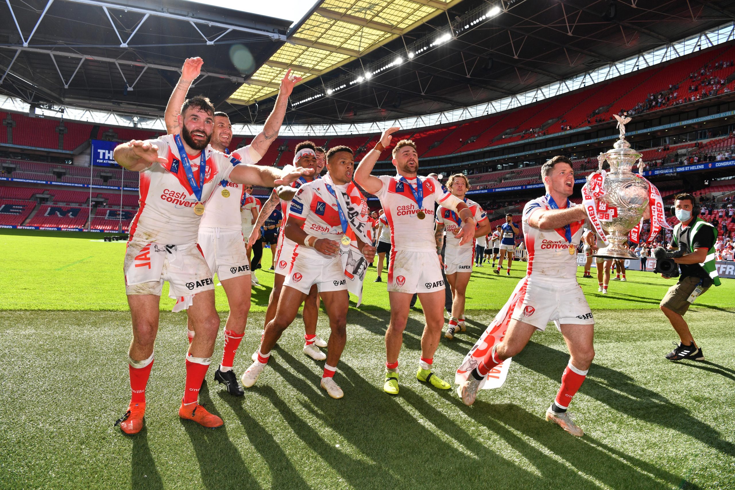 St Helens celebrate their Challenge Cup final win over Castleford Tigers at Wembley in July 