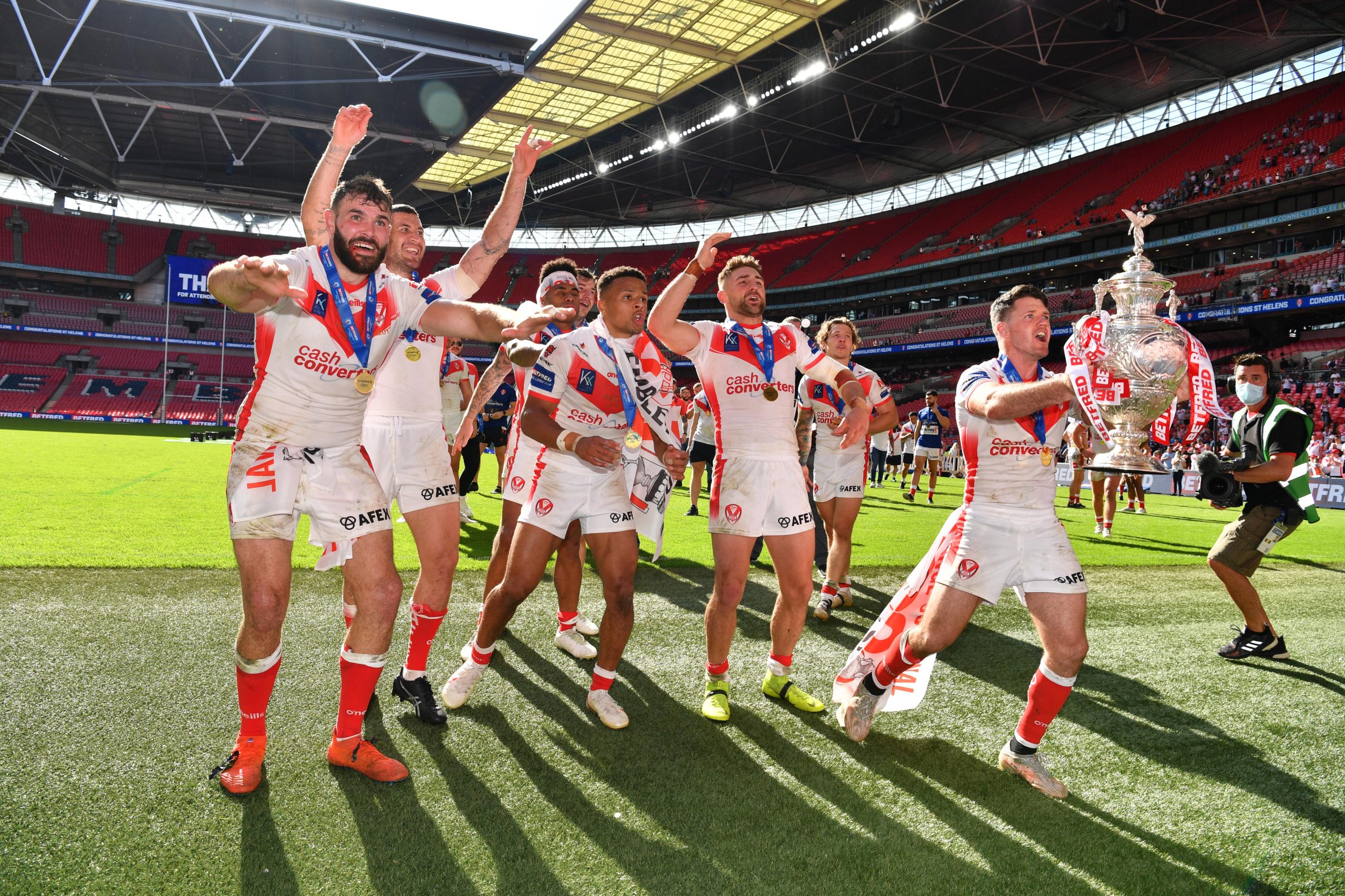 St Helens celebrate their Challenge Cup final win over Castleford Tigers at Wembley in July