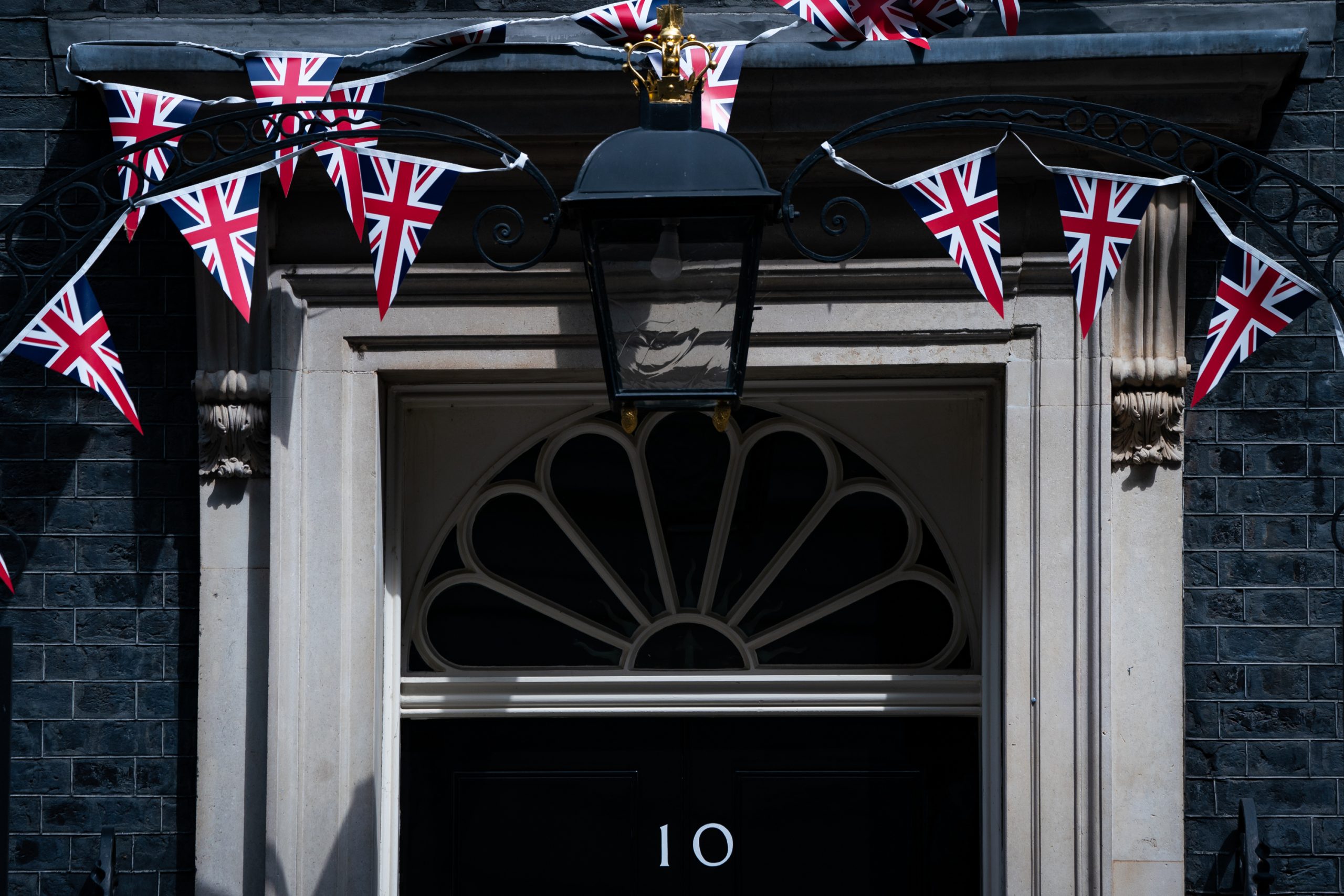 Union flag bunting on the front of No 10 Downing Street