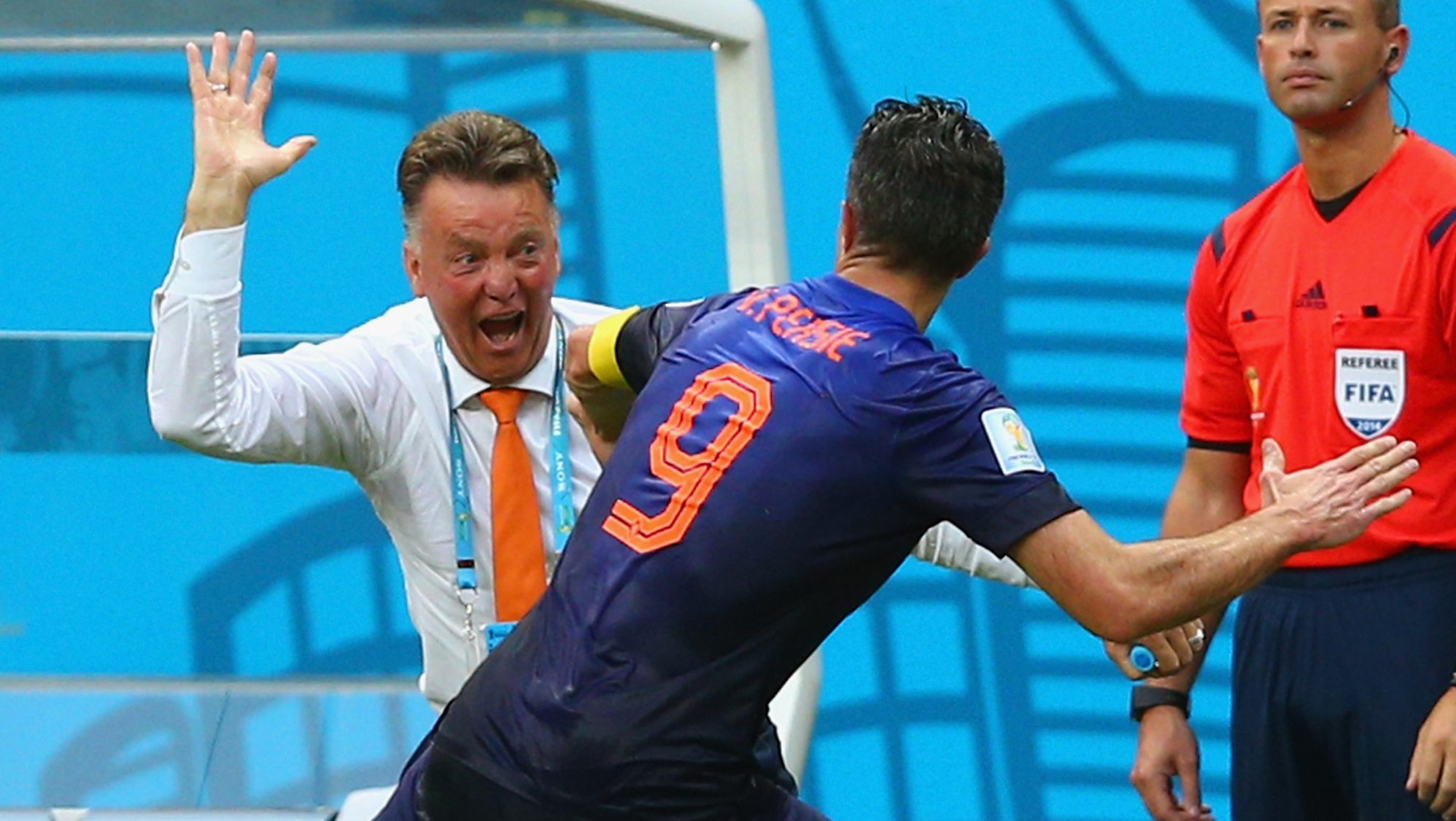 Louis van Gaal celebrates with Robin van Persie of the Netherlands during the 2014 World Cup finals. The Dutch came third in the tournament but have failed to qualify for the 2016 Euros and 2018 World Cup since.