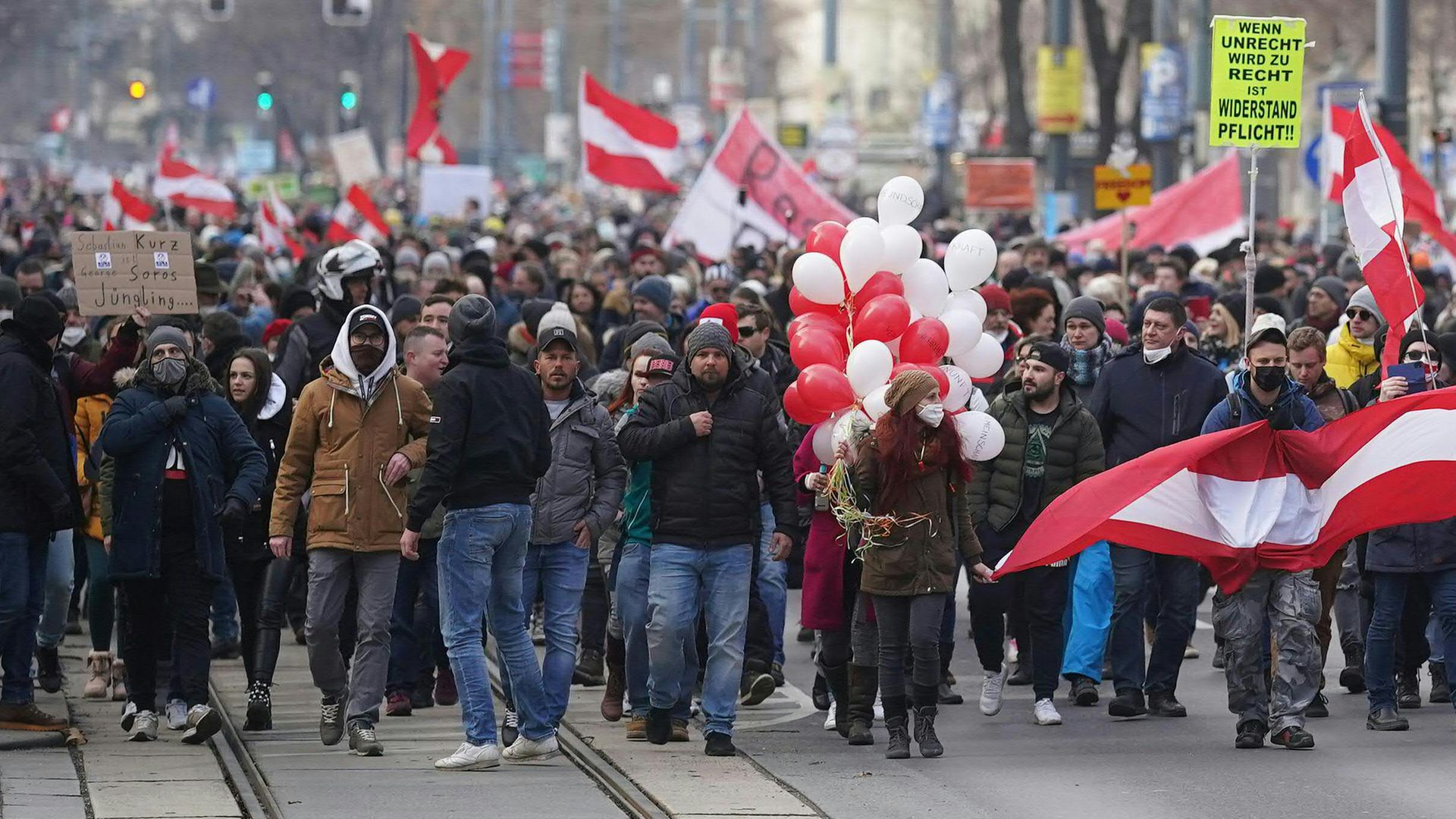 Protestors demonstrate against Covid restrictions in Vienna in January; the government has faced criticism over its handling of the pandemic, as well as a growing scandal involving a minister - Credit: APA/AFP via Getty Images
