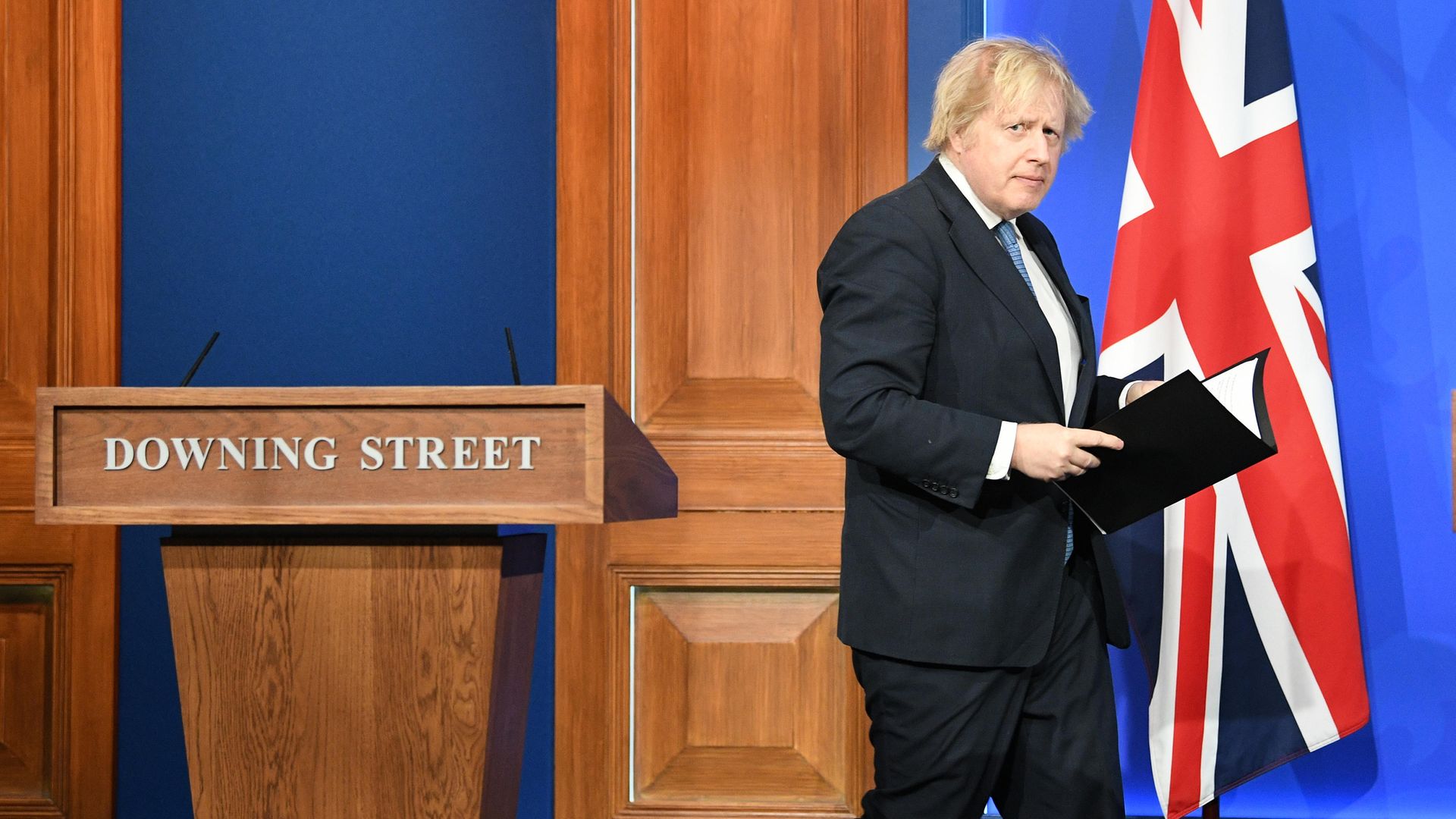 Prime Minister Boris Johnson, arrives for a media briefing in Downing Street, London, on coronavirus (Covid-19). Picture date: Monday April 5, 2021. - Credit: PA