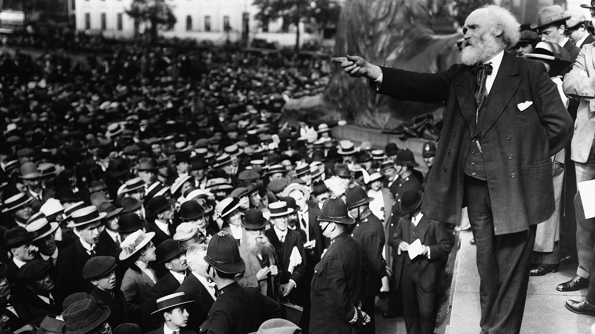 Former Labour leader Keir Hardie puts his lay preaching skills to good use as he addresses a crowd at a peace demonstration in Trafalgar Square in 1914 - Credit: Corbis via Getty Images
