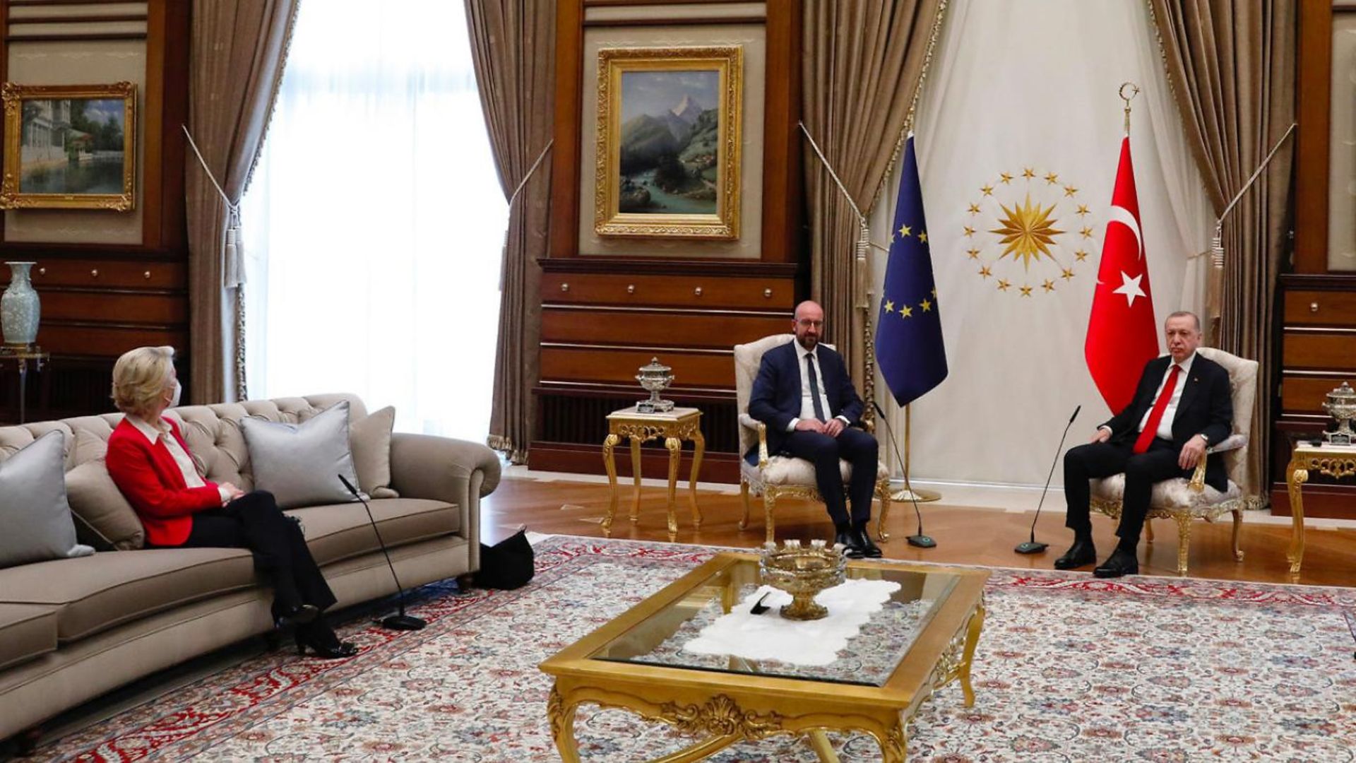 EU Commission president Ursula von der Leyen (L), Commission president Charles Michel and Turkish president Tayyip Erdogan (R) during a meeting in Ankara - Credit: European Union