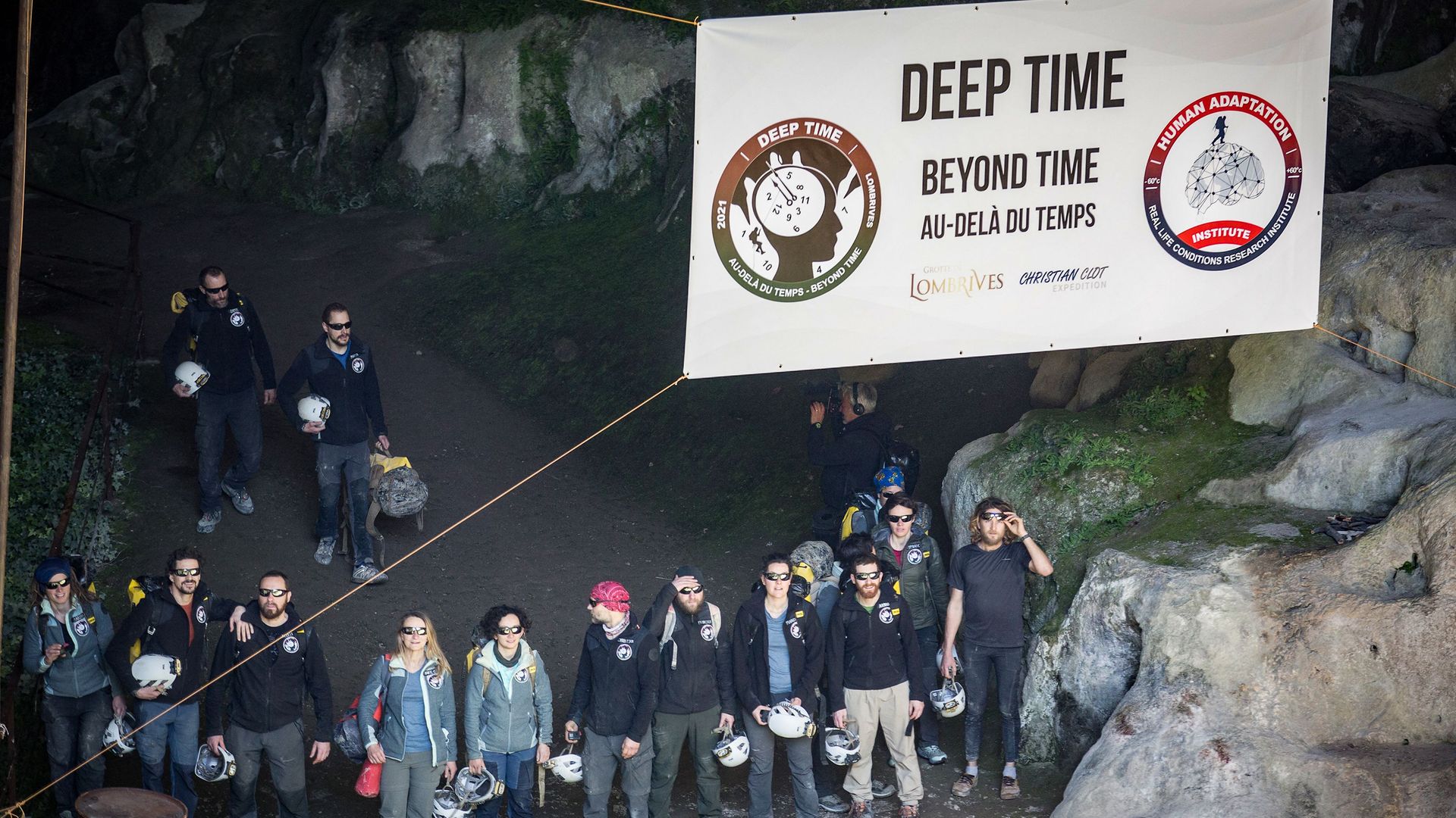 Volunteers leave the Lombrives cave in Ussat-les-Bains, south of France after spending 40 days without mobile phones or natural light - Credit: Photo by Fred Schieber/AFP via Getty Images