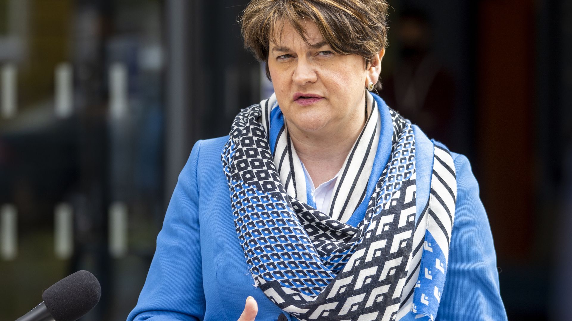 Northern Ireland's first minister Arlene Foster answers questions on her leadership during a visit to the Hammer Youth Centre, in Belfast - Credit: PA