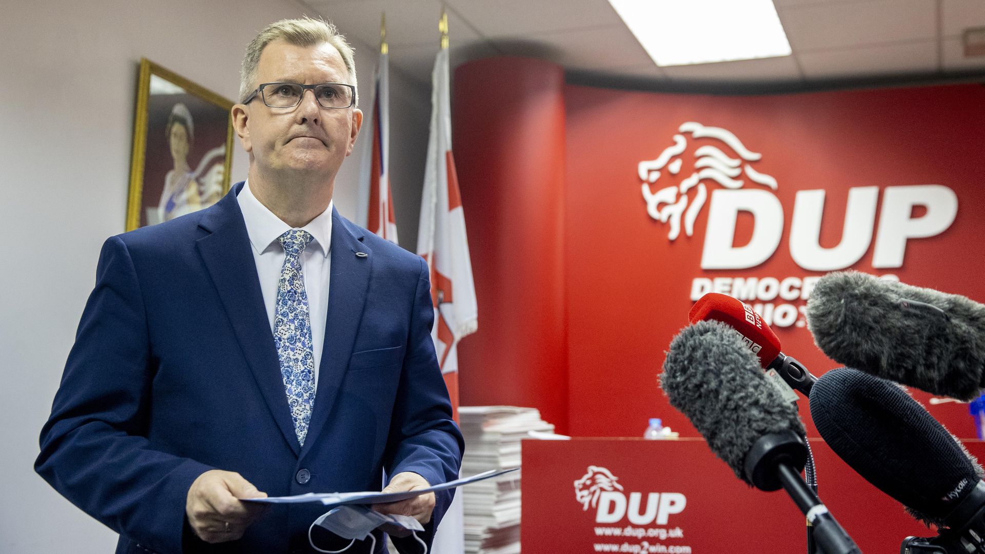 DUP MP for Lagan Valley Sir Jeffrey Donaldson, launches his campaign to become leader of the DUP at the constituency office of DUP MP Gavin Robinson in east Belfast - Credit: PA