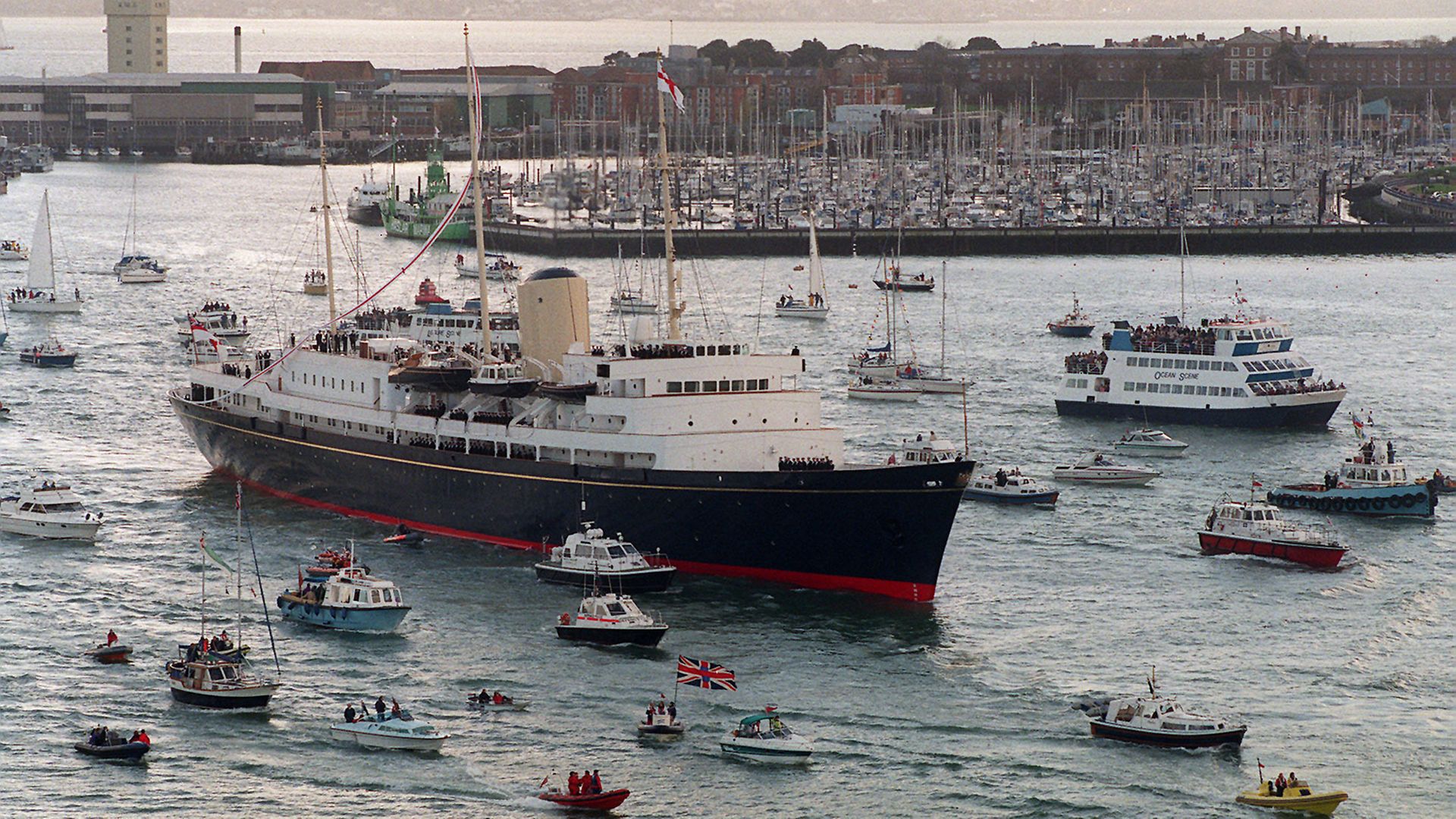 The Royal Yacht Britannia sails into Portsmouth for the last time before she is decommissioned in 1997 - Credit: PA