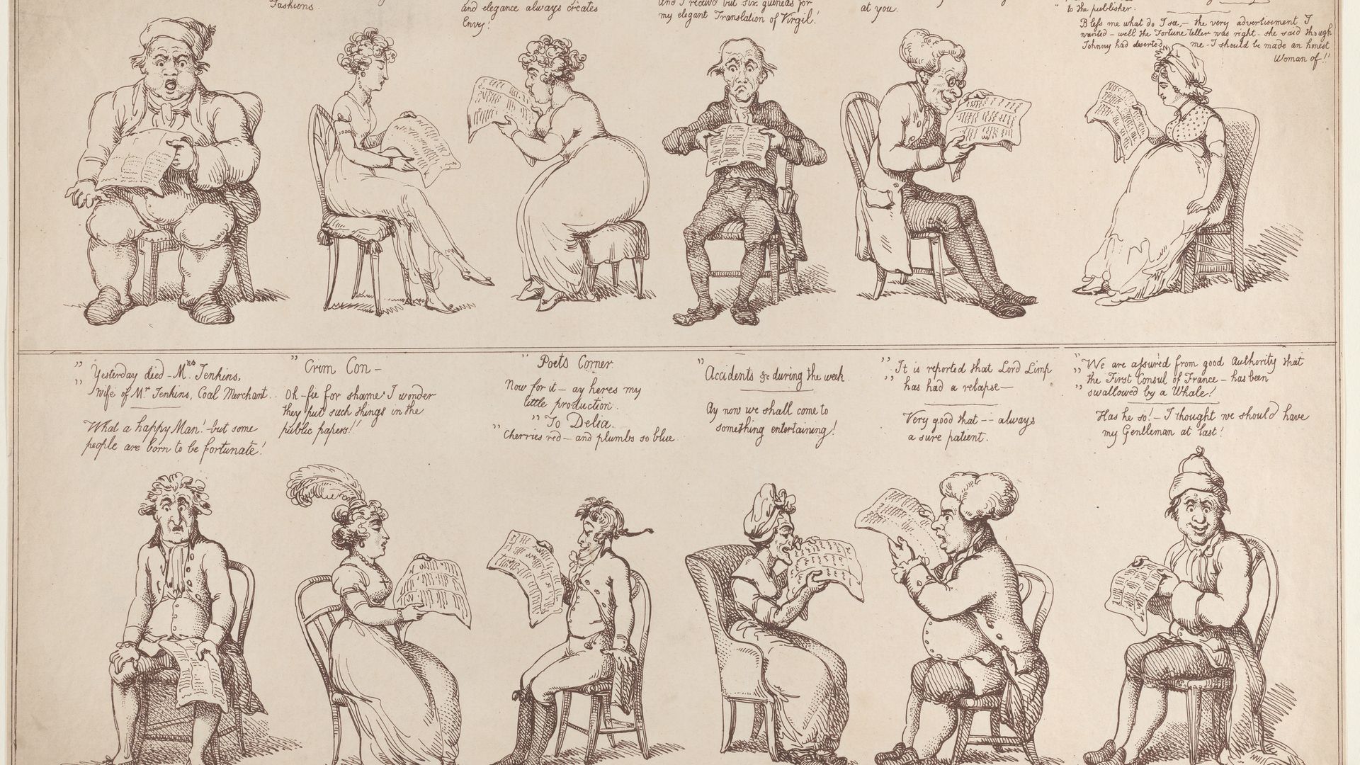 The News Paper, by Thomas Rowlandson, from 1808 - Credit: The Elisha Whittelsey Collection, The Elisha Whittelsey Fund, 1959