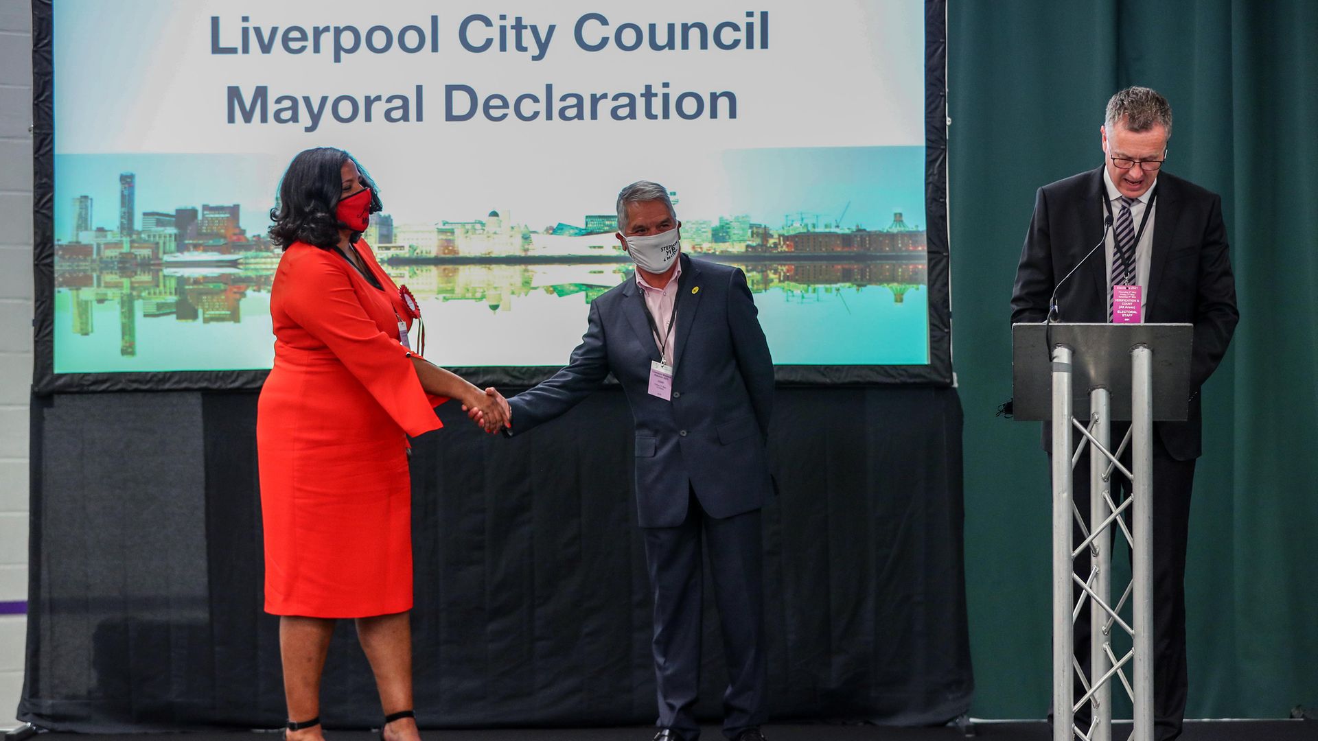 Labour's Joanne Anderson is congratulated by Stephen Yip after she was declared the Mayor of Liverpool at the Wavertree Tennis Centre, Liverpool - Credit: PA