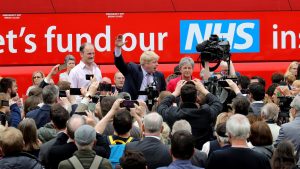 Boris Johnson, Gisela Stuart and Douglas Carswell address the people of Stafford in Market Square during the Vote Leave, Brexit Battle Bus tour on May 2016 - Credit: Getty Images