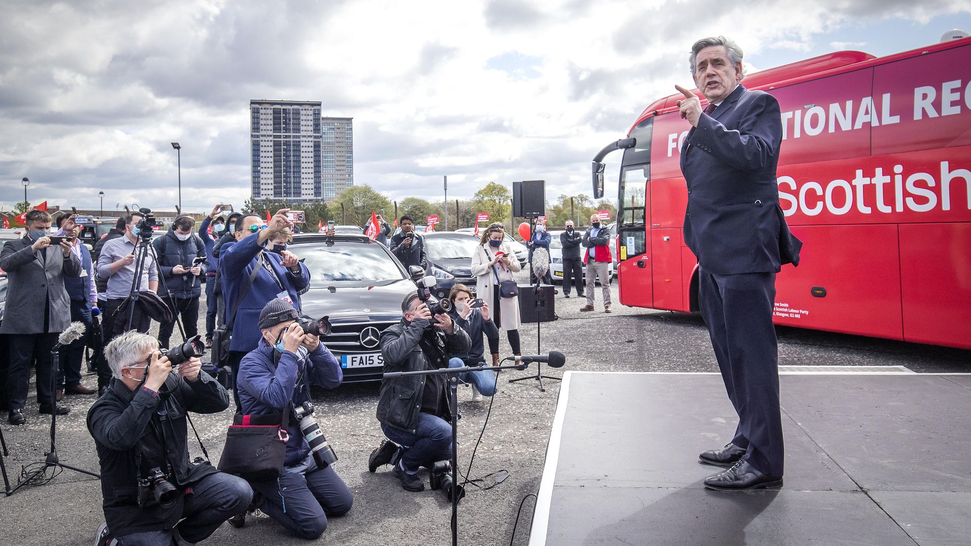 Former prime minister Gordon Brown speaks at a Scottish Labour drive-in rally in Glasgow during campaigning for the Scottish Parliamentary election. Picture date: Wednesday May 5, 2021. - Credit: PA