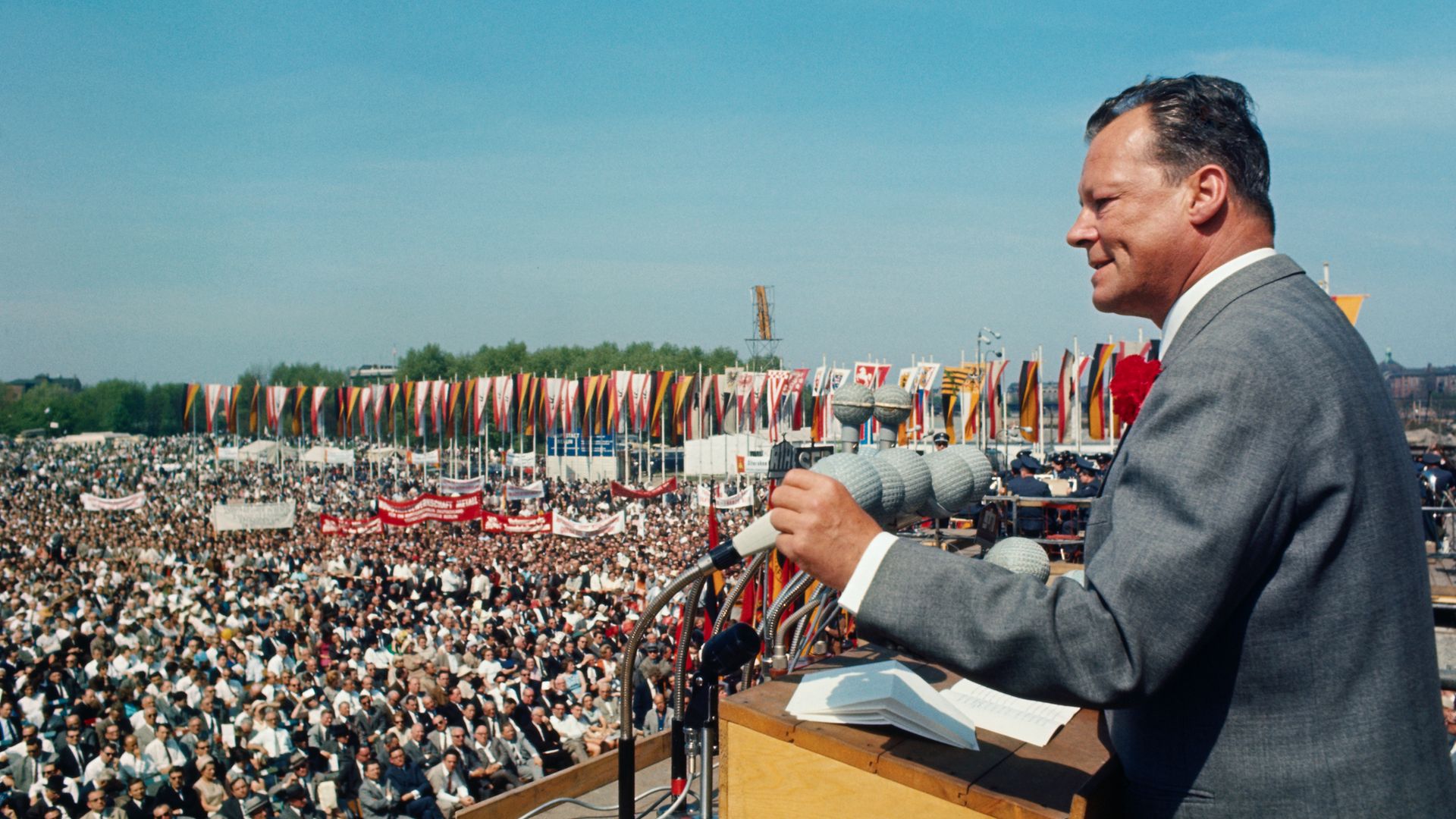 Willy Brandt, leader of West German Social Democrats, addresses a huge crowd of West Berliners in front of the Reichstag on May Day, 1966; he 1969 he became the party's first chancellor since the war. Only two others have followed - Credit: Corbis via Getty Images