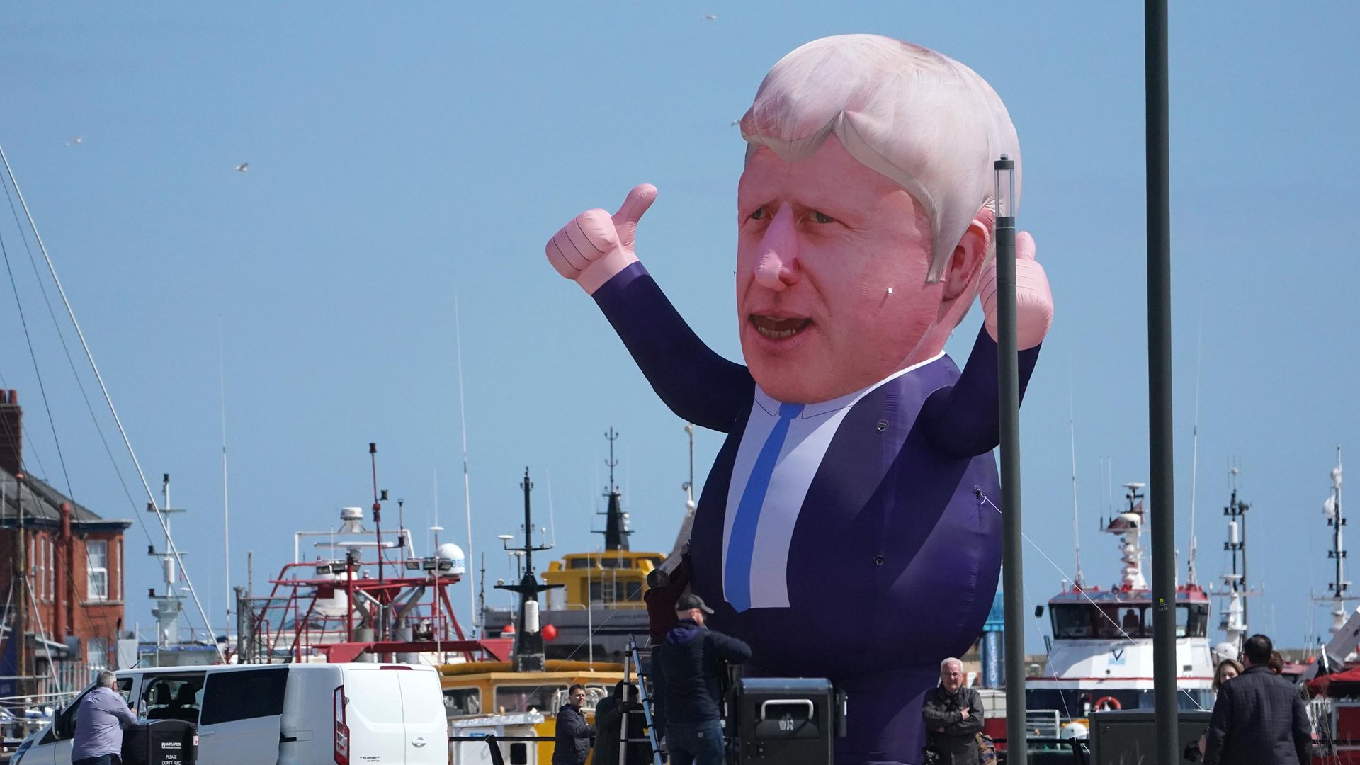 A 30ft inflatable Boris Johnson at Jacksons Wharf in Hartlepool following Conservative's Jill Mortimer victory in the Hartlepool parliamentary by-election - Credit: PA
