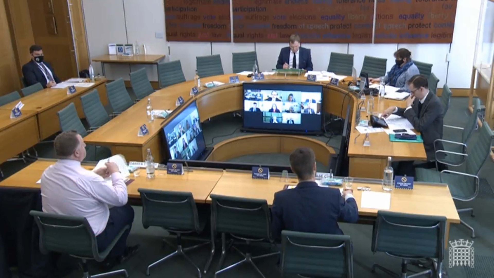 Simon Case, the Cabinet Secretary and the UK's most senior civil servant, (front right) giving evidence on the work of the Cabinet Office to the Commons Public Administration and Constitutional Affairs Committee (PACAC) in April - Credit: PA